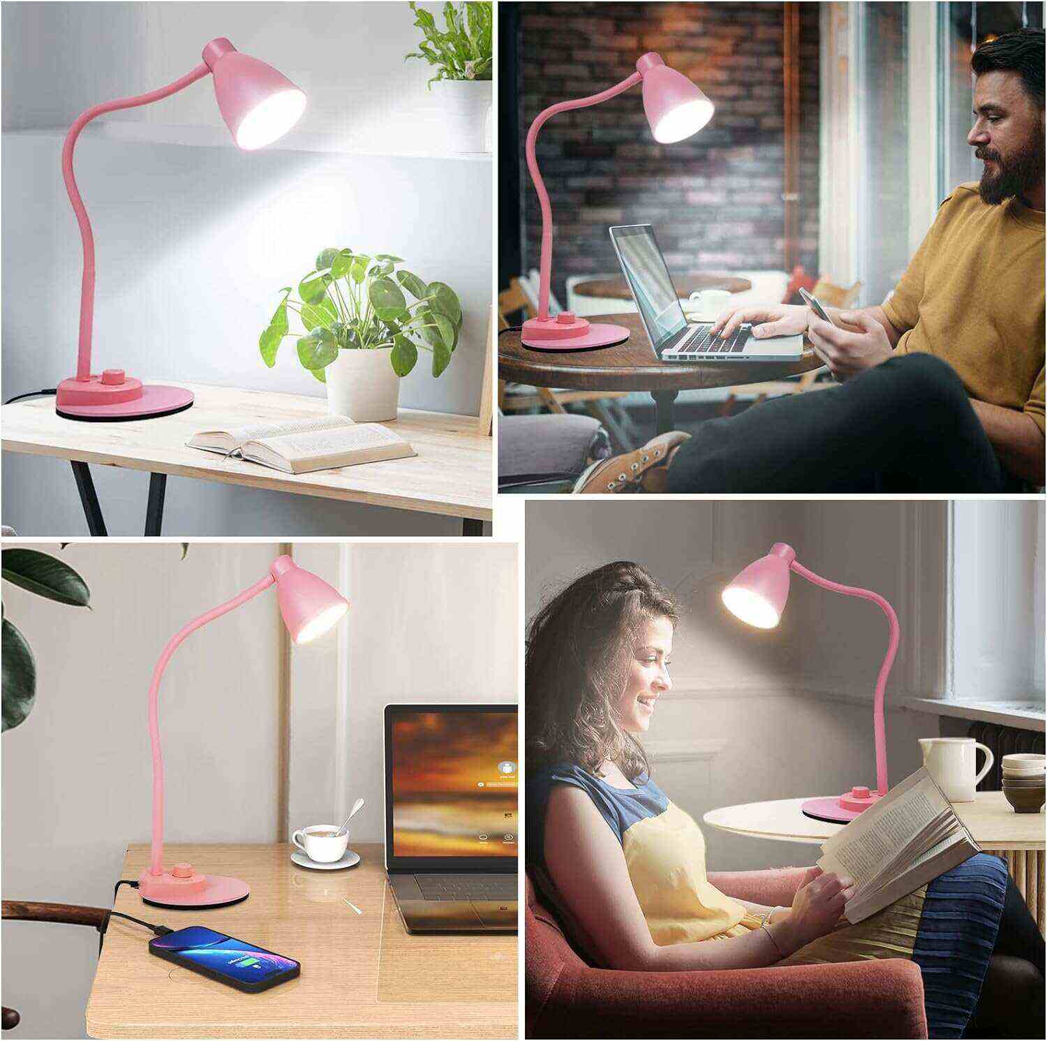 BOHON LED Desk Lamp with USB Charging Port 3 Color Modes Dimmable Reading Light Intelligent Induction Auto Dimming Task Lamp Flexible Gooseneck Table Lamp for Bedside Office, AC Adapter Include