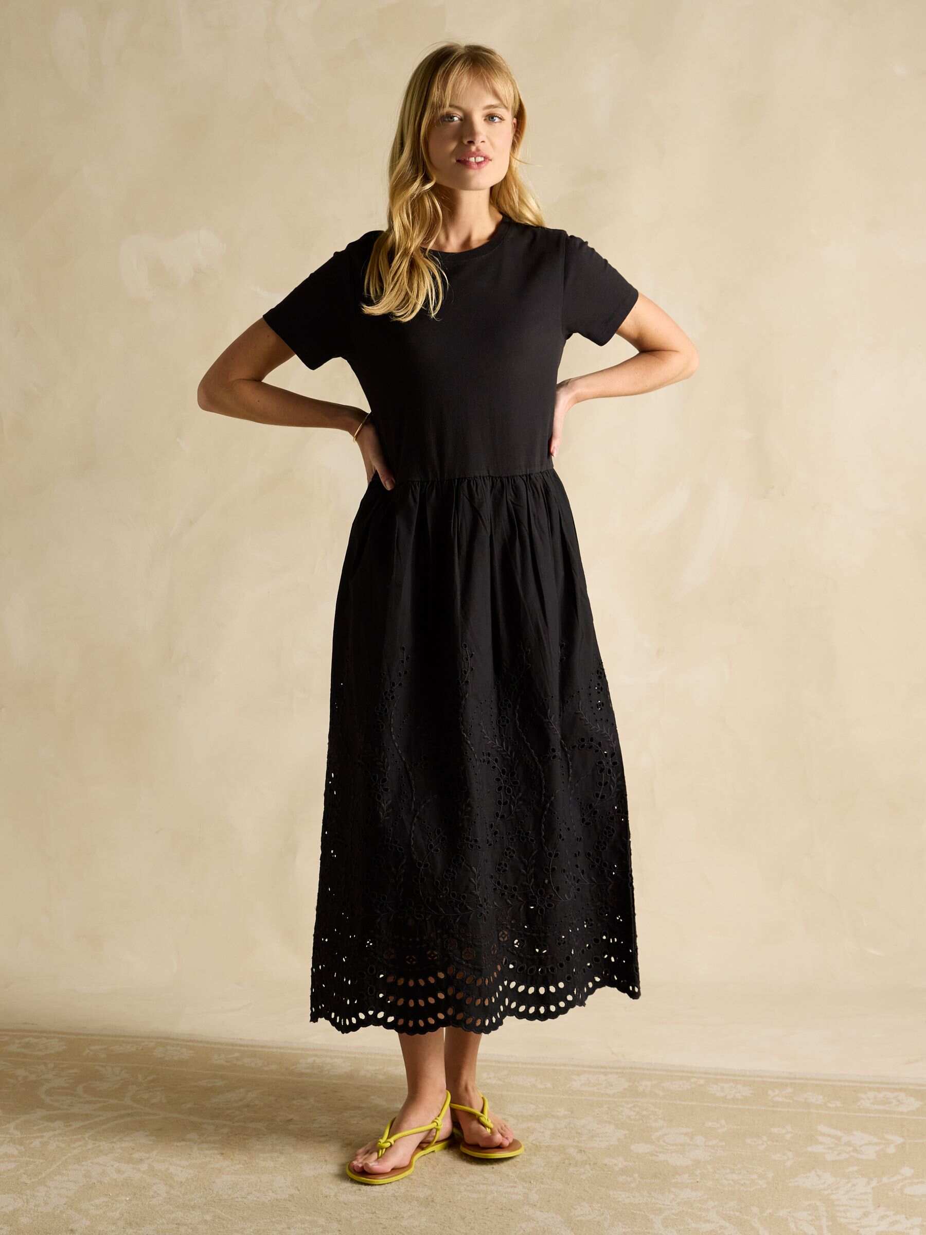 Reid Black Cotton Broderie Midi Dress