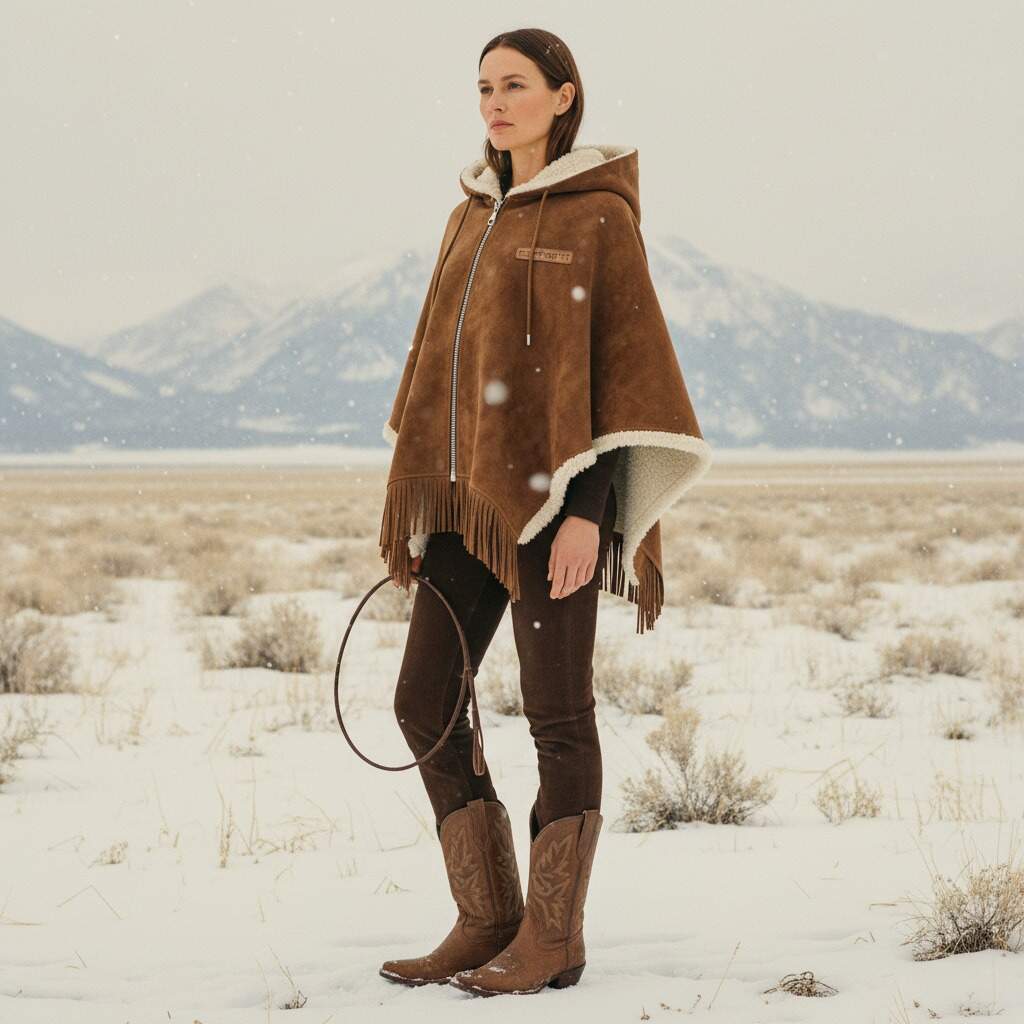 Carhartt Women's Brown Faux Suede Hooded Cape With Shearling Lining And Fringe Details