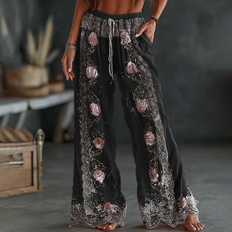 Women's Vintage Spring Floral Embroidered Art Print Flowy Linen Blend Casual Pants