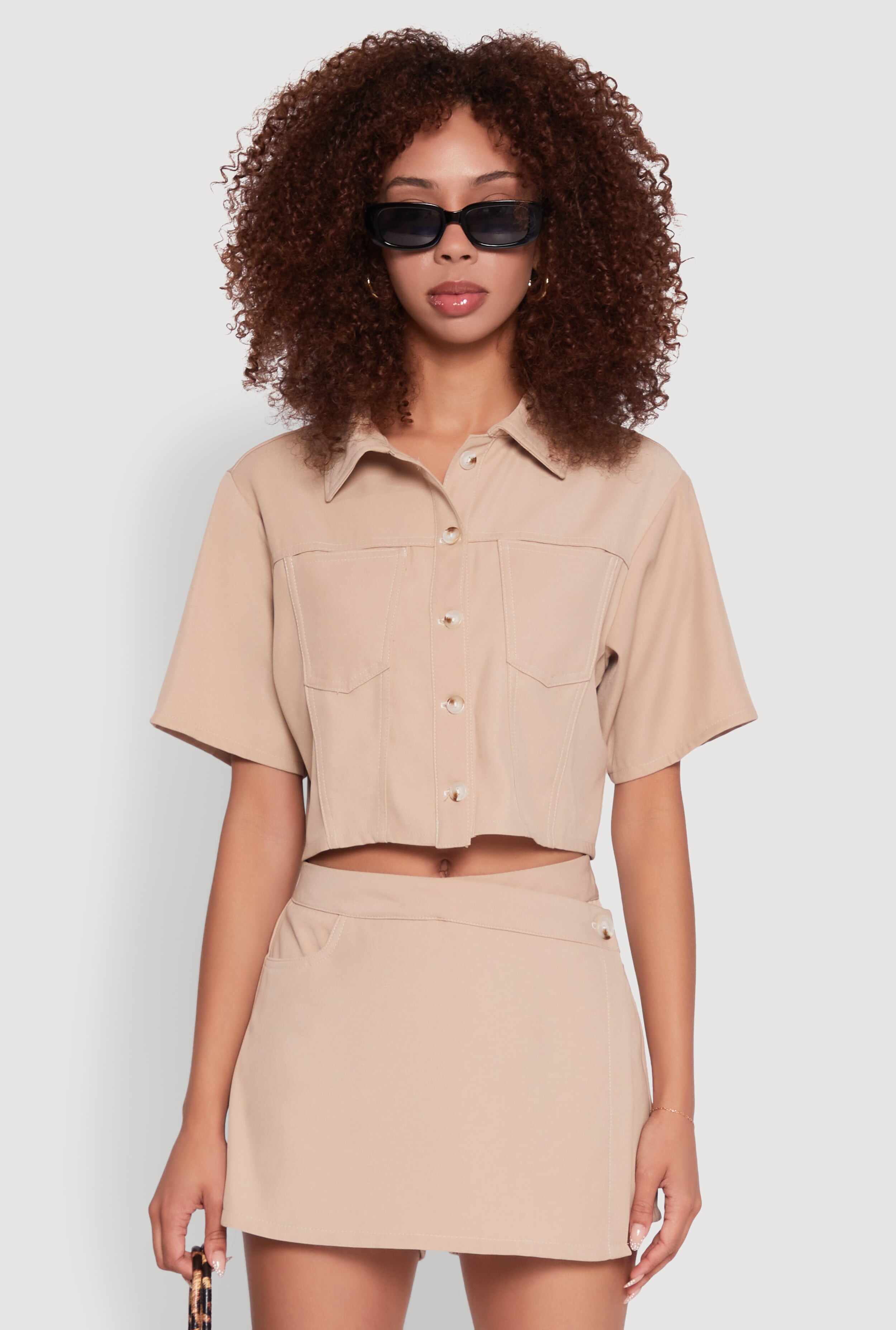 Twill Cropped Button Front Shirt