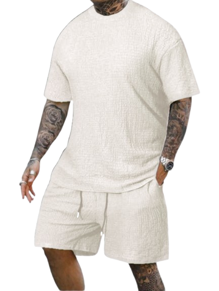 8 Pack-Men's Solid Textured Round Neck Tee & Drawstring Waist Shorts