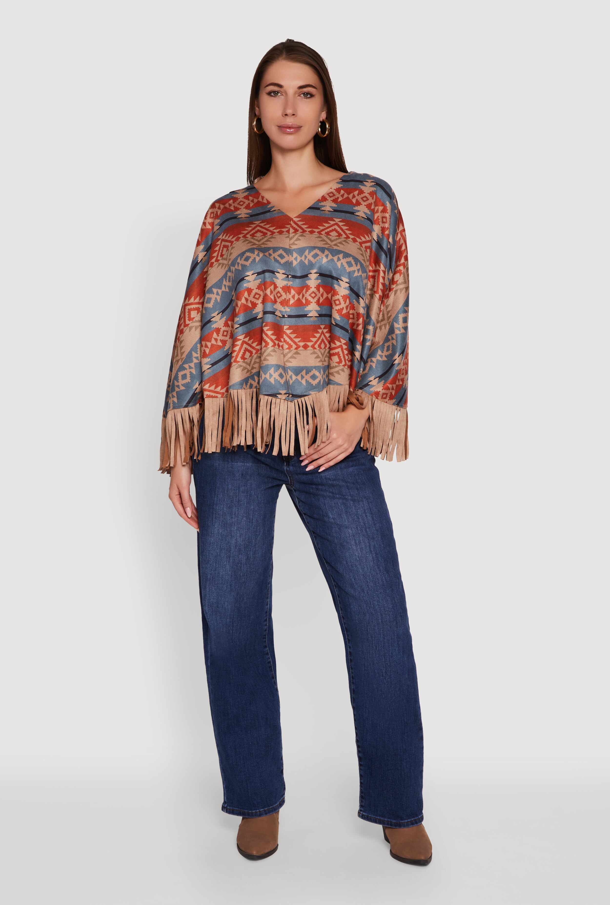 Faux Suede Aztec Print Fringe Poncho