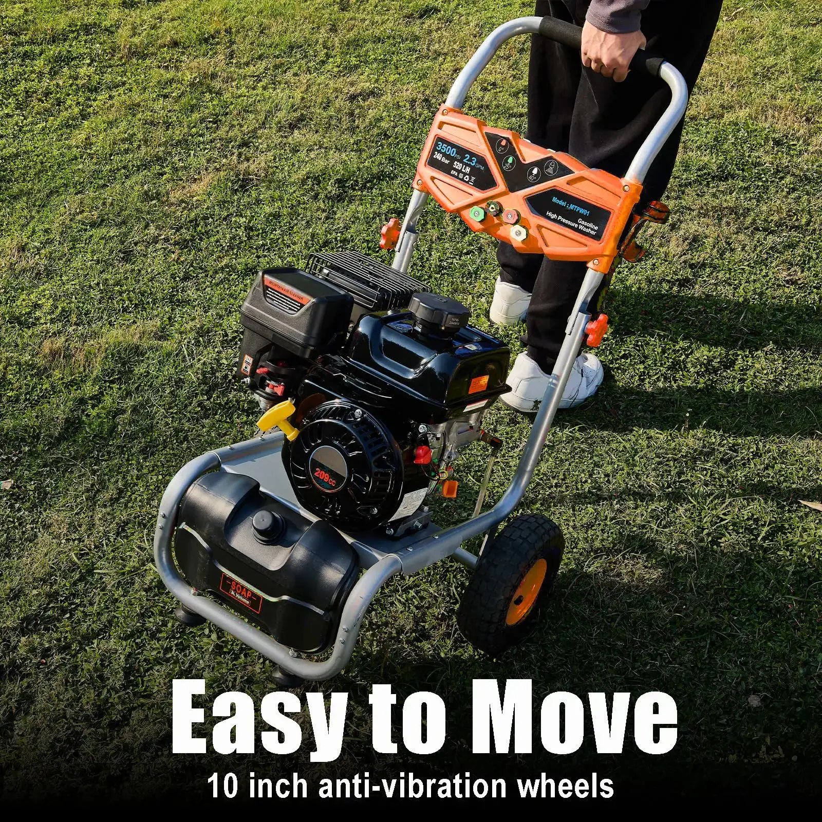 Gas Powered Pressure Washer 3500 PSI, 2.3 GPM Heavy Duty High Power Washer,209CC 7HP Engine with 25Ft Pressure Hose, Axial Aluminum Pump, Soap Tank, 4 Quick Connect Nozzle