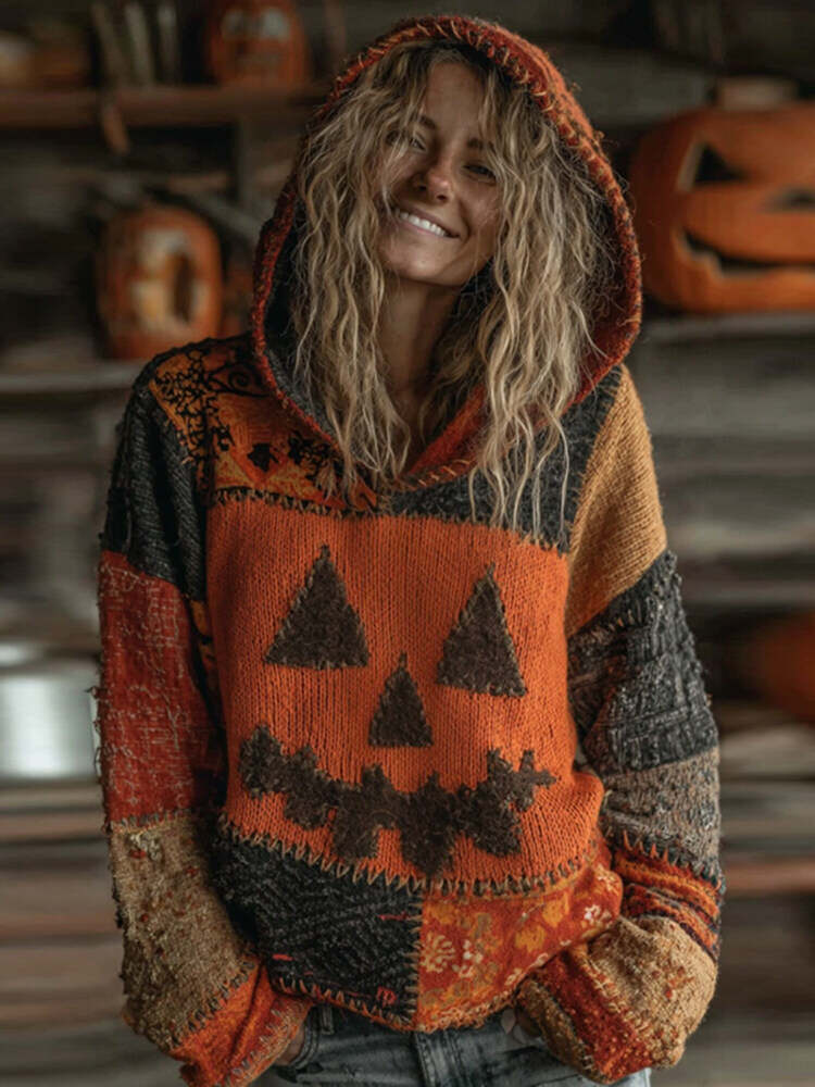 Halloween Pumpkin Face Patchwork Stitched Cozy Knit Hooded