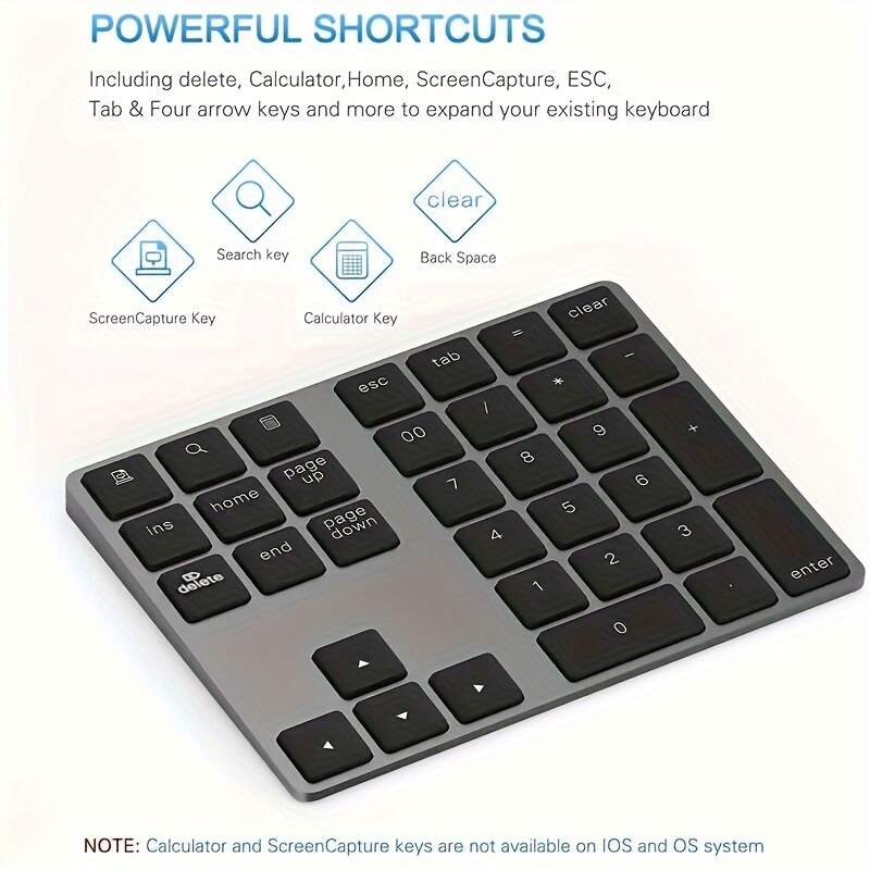 [Wireless Numeric Keyboard] 1pc Wireless 34-Key Numeric Keyboard | USB-C Rechargeable with Smart Recognition System, Compatible with MAC OS Computers, Includes USB Cable, Lithium Polymer Battery - Type-C Charging