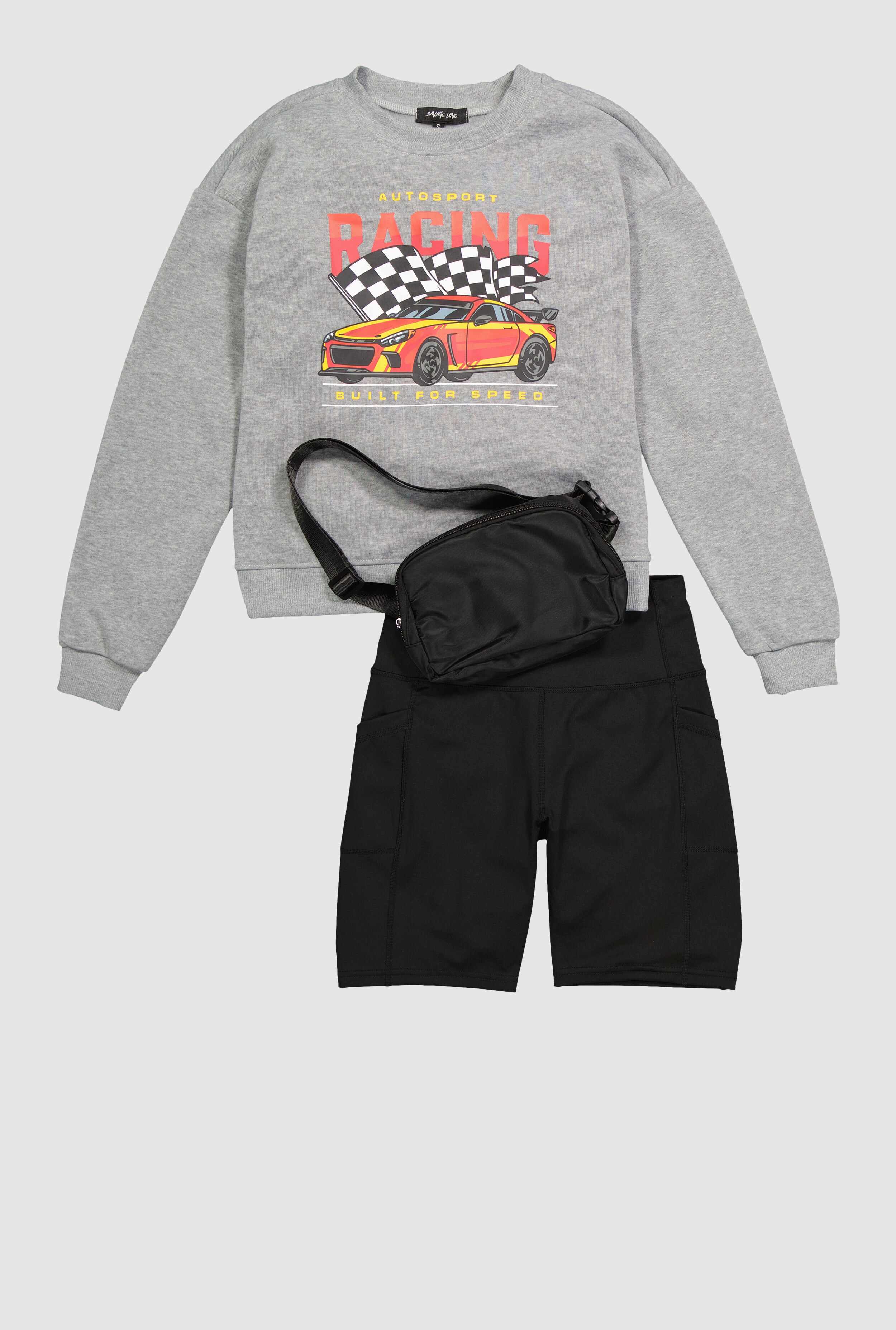 Trendy Racing Graphic Sweatshirt with Biker Shorts and Fanny Pack
