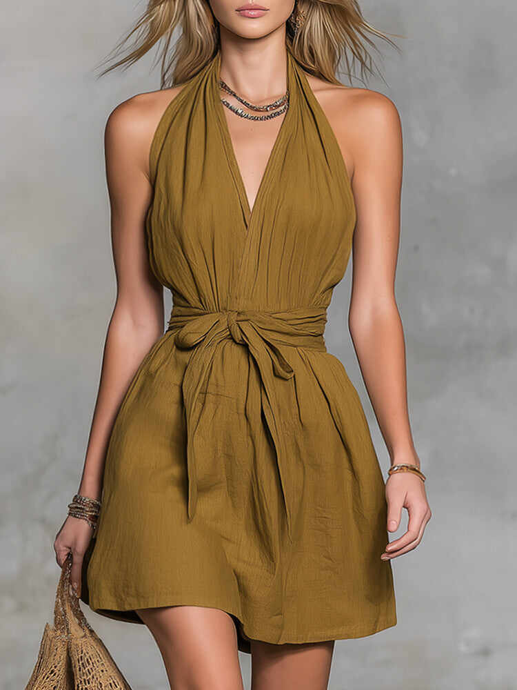 Halter Neck V-Neck Waist Tie Casual Holiday Women'S Dress