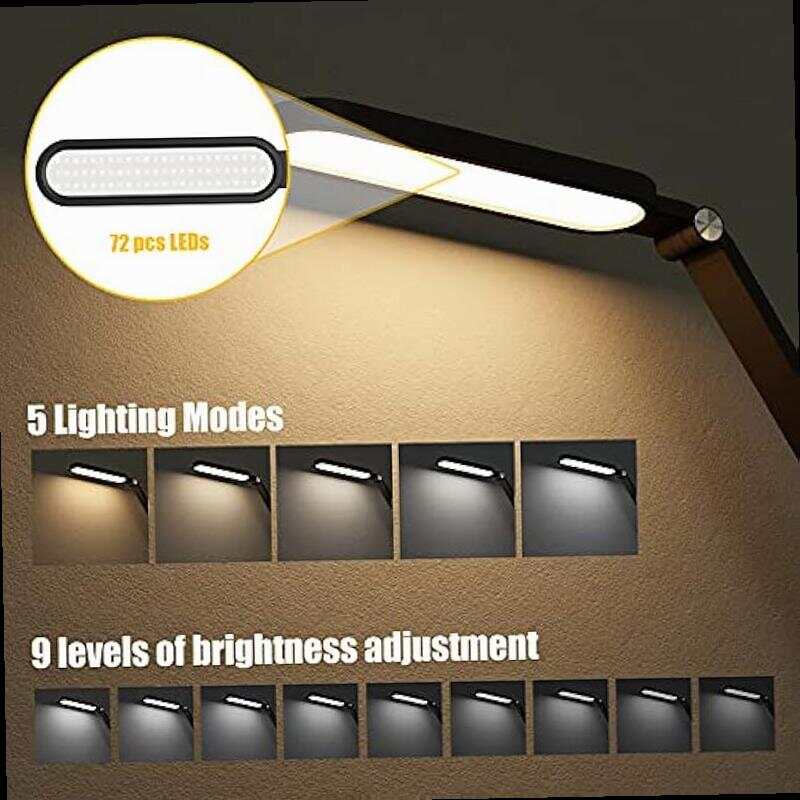 LED Desk Lamp Eye Caring Table Lamps Natural Light Protects Eyes Dimmable Office Lamp with 5 Color Modes USB Charging Port Touch Control and Memory Function 10W Reading Lamp Black