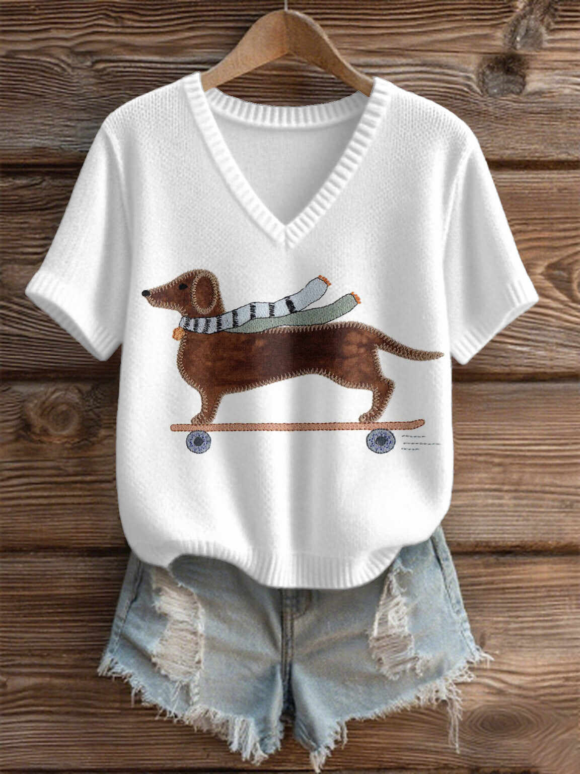 Imitation Sweaters Women's Clothing Short Sleeve V-neck Loose Top