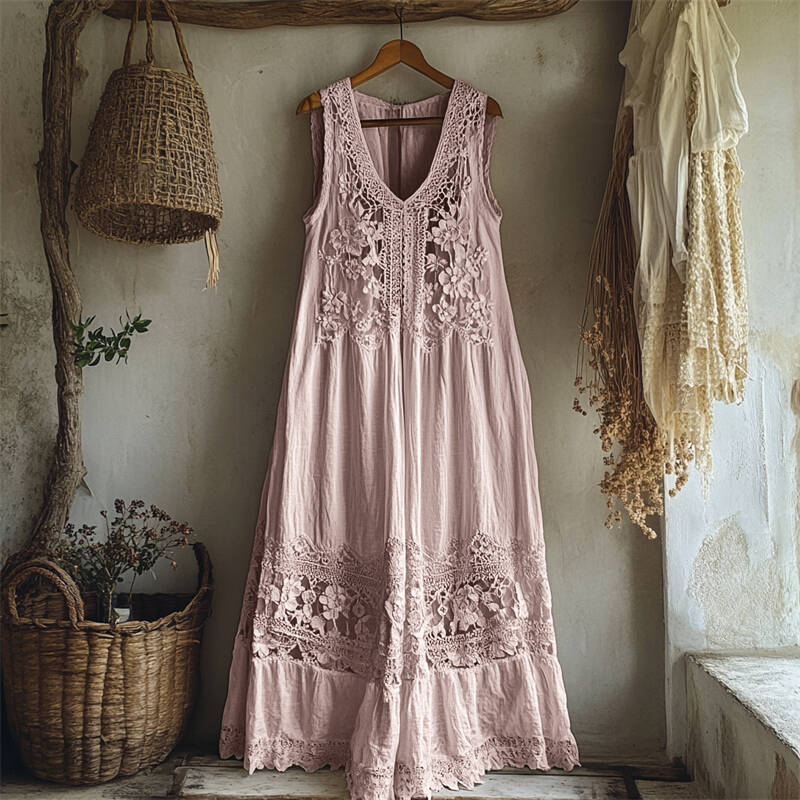 Vintage Floral Hollow Lace Patchwork Linen Maxi Dress