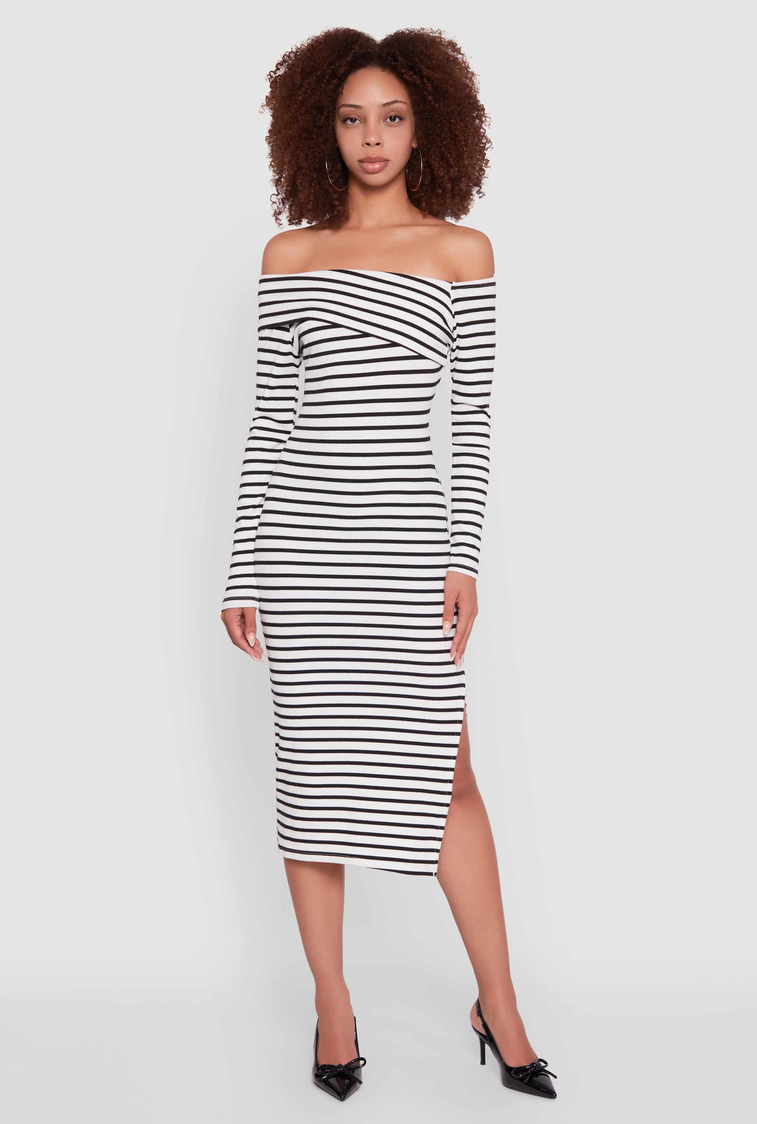 Striped Asymmetrical Fold Over Off The Shoulder Side Slit Dress