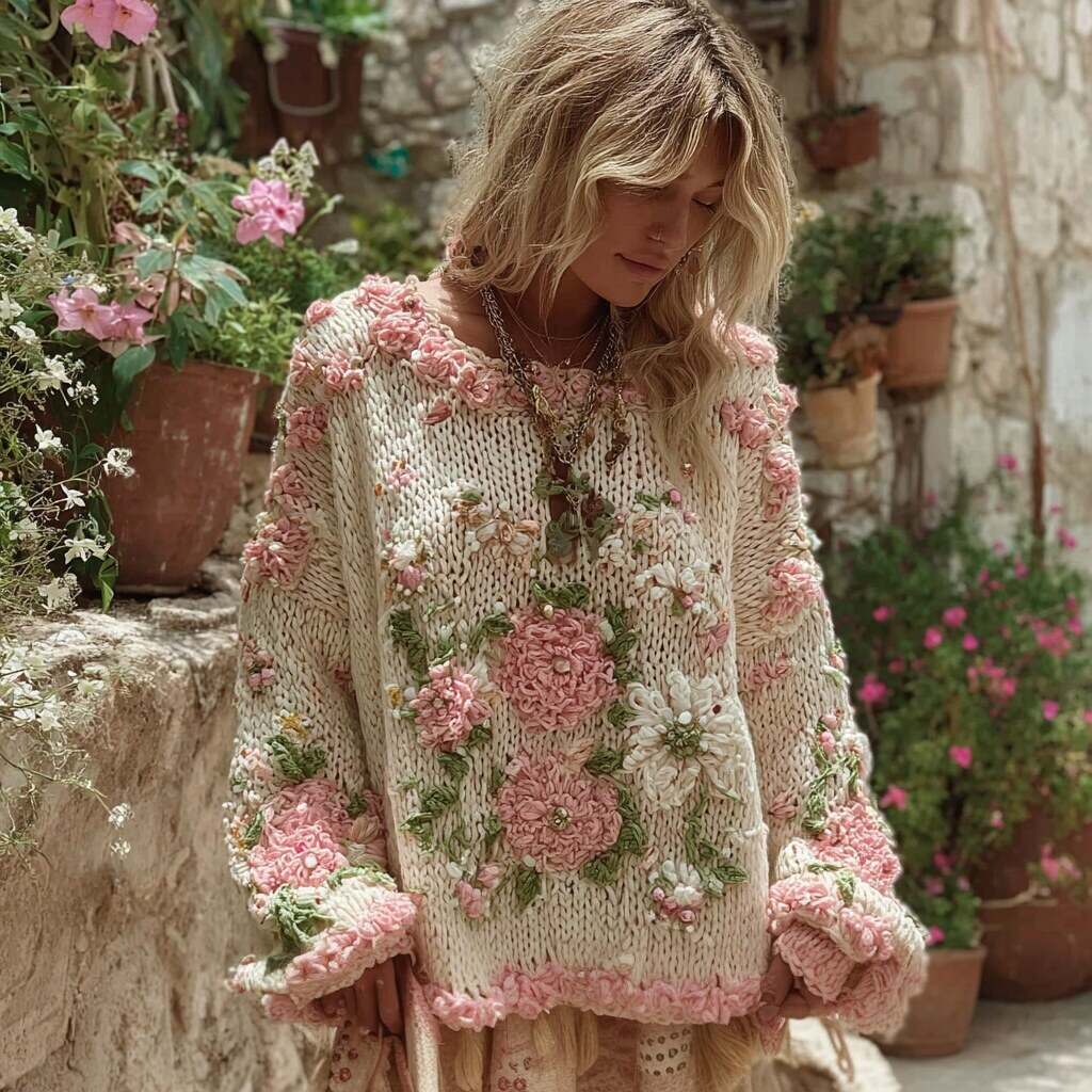 Women's Boho Floral Chunky Knit Crew Neck Sweater