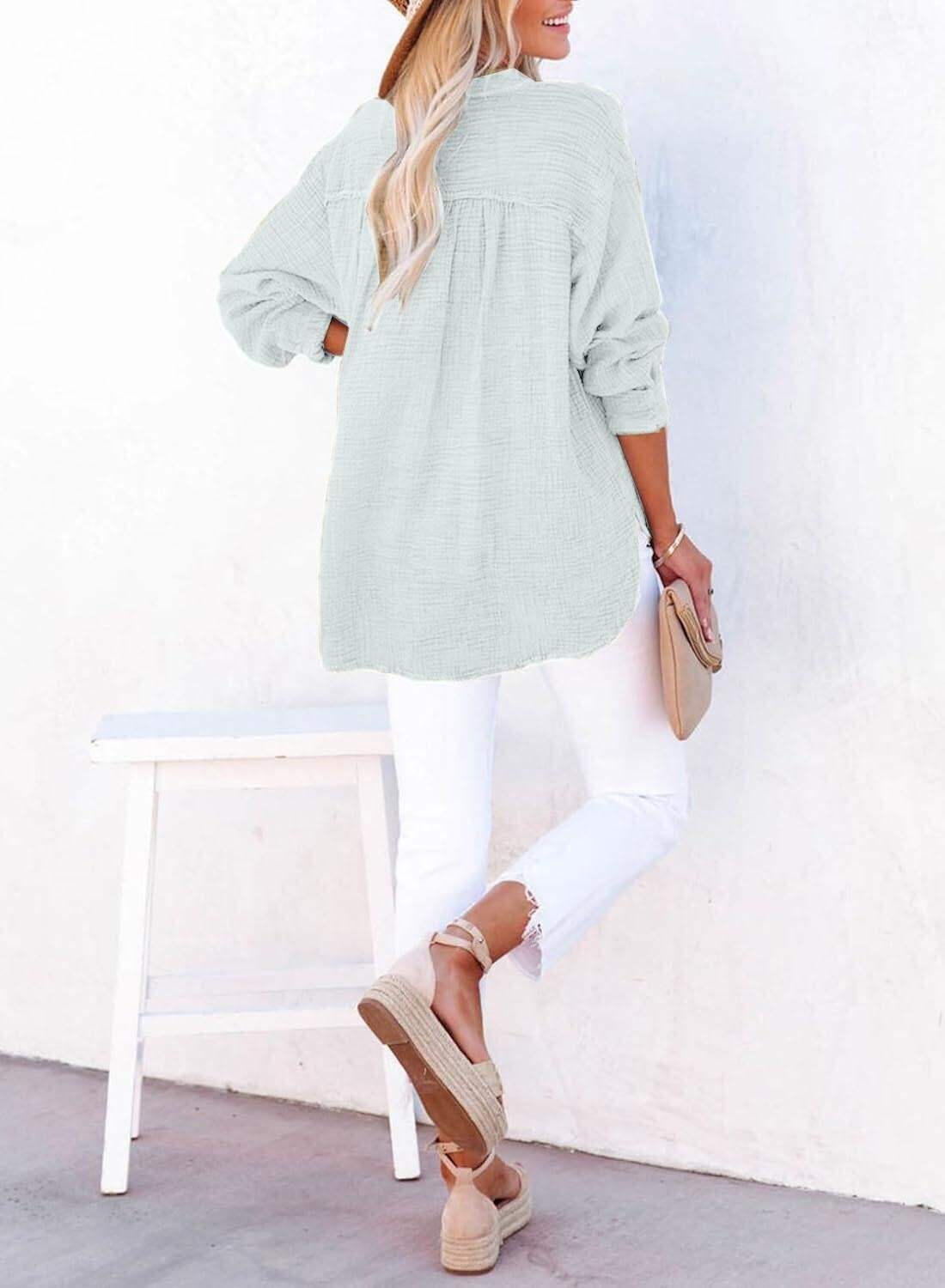 🔥10-Pack Womens Casual Gauze Button Neck Long Sleeve Oversized BlousesTops