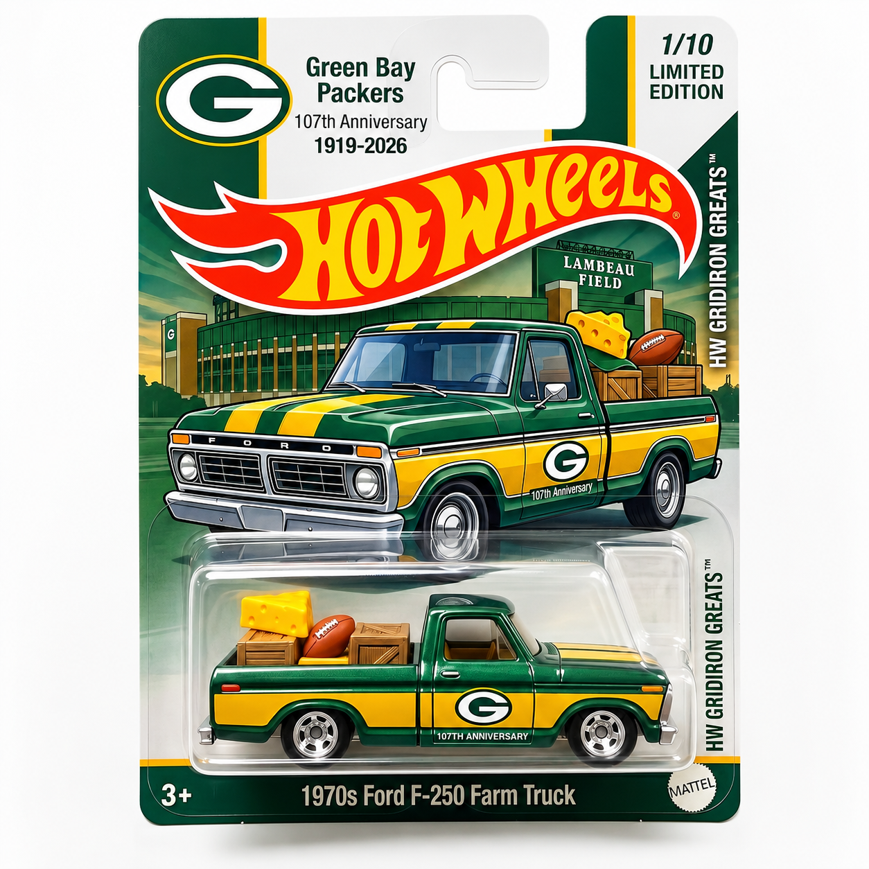 Hot Wheels Green Bay Packers 107th Anniversary 1970s Ford F-250 Farm Truck Model