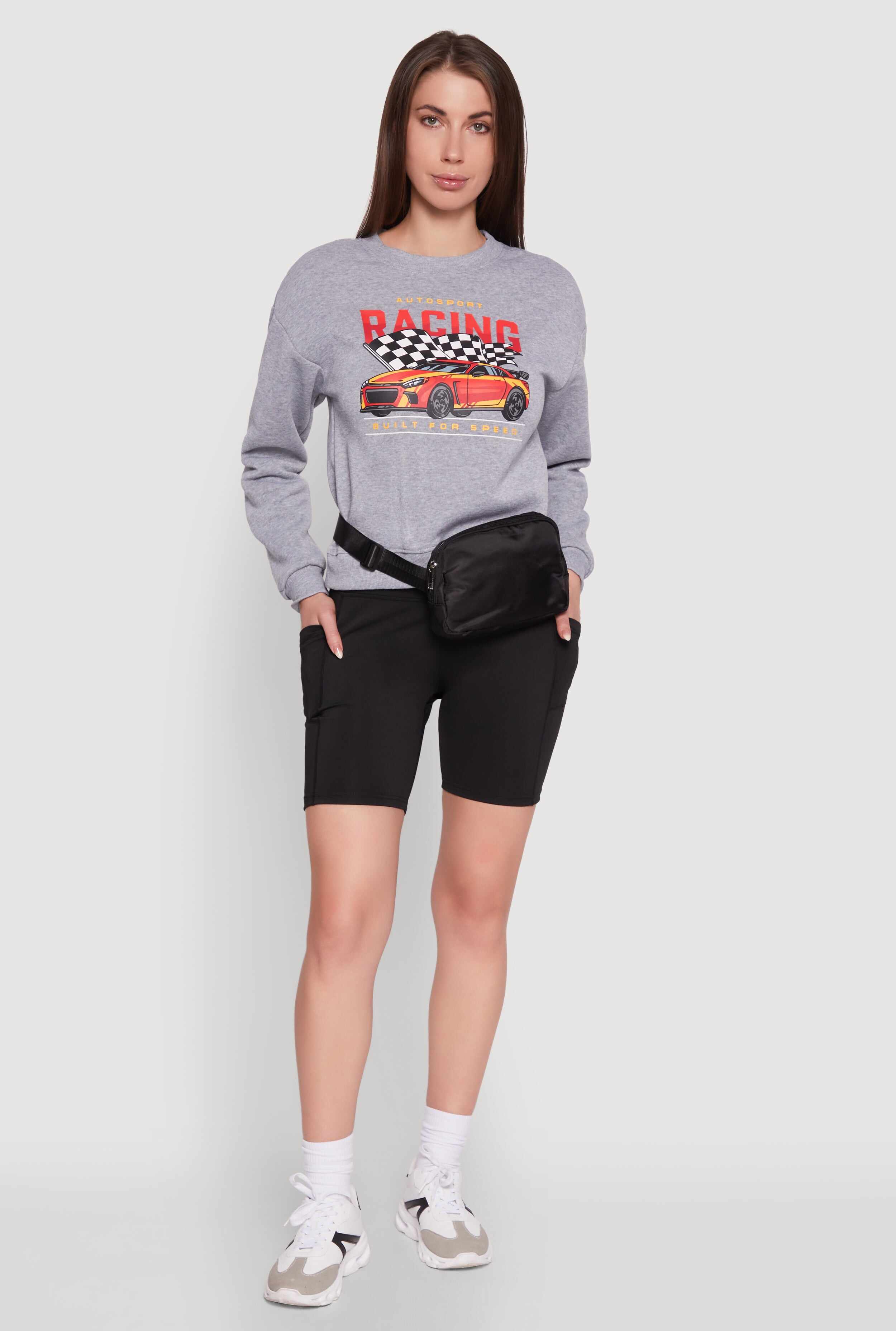 Trendy Racing Graphic Sweatshirt with Biker Shorts and Fanny Pack