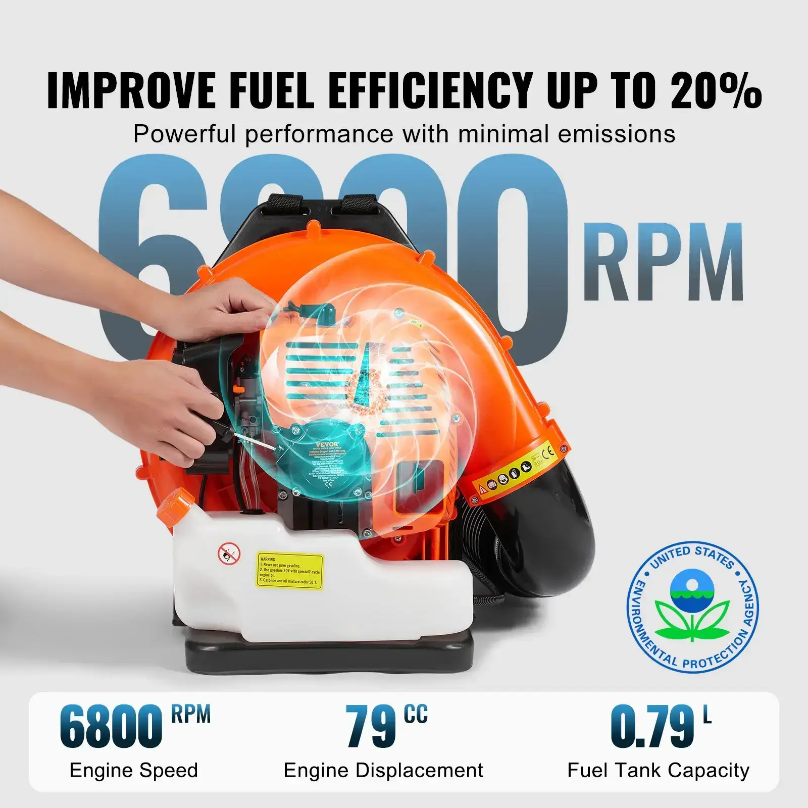 Backpack Gas Leaf Blower 79cc 2-Cycle Gas Powered with 3L Fuel Tank,  184MPH Speed for Lawn Care, Leaf Cleaning, and Snow Removal