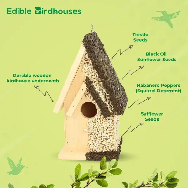 Edible Bird Feeder - Dark Roof Tall Birdhouse Handcrafted in USA Solid Wood Premium Birdseed Blend Attracts Songbirds Deters Squirrels with Chili Flakes