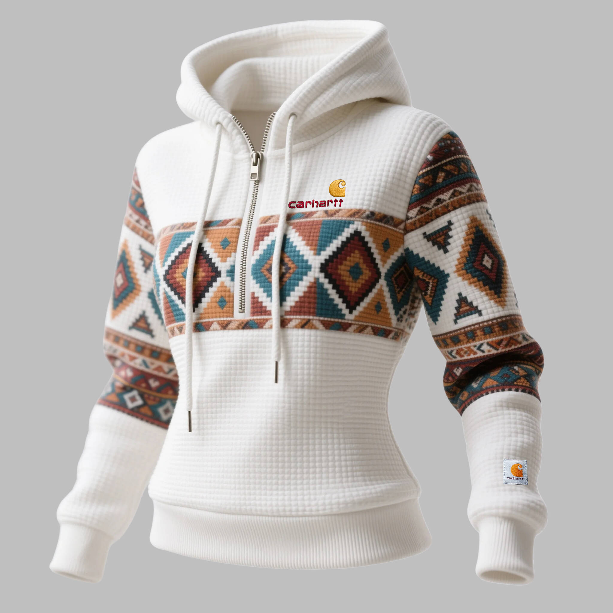 Women's Retro Loose Comfort Ethnic Print Color Block Waffle Patchwork Half Zipper Stand Collar Hooded Sweatshirt