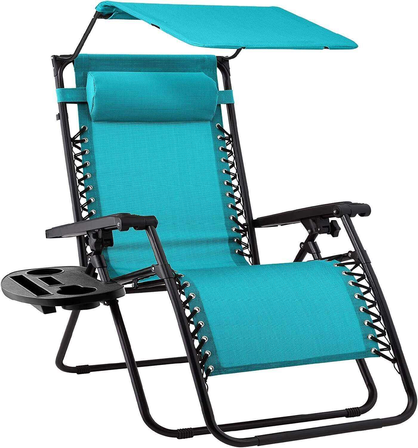 Folding Zero Gravity Recliner Patio Lounge Chair w/Adjustable Canopy Shade, Headrest, Side Accessory Tray, Textilene Mesh - Beige