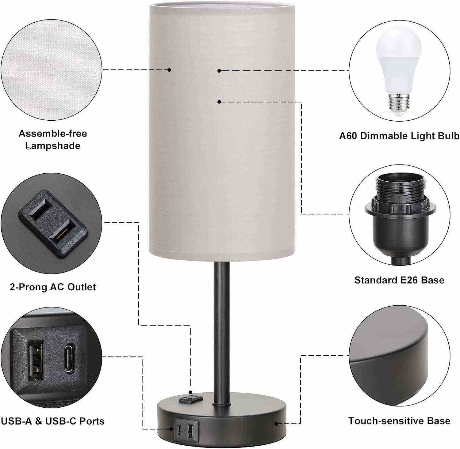 Bedside Table Lamp for Bedroom - 3 Way Dimmable Touch Lamp USB C Charging Ports and AC Outlet, Small Lamp Wood Base Round Flaxen Fabric Shade for Living Room, Desk, LED Bulb Included