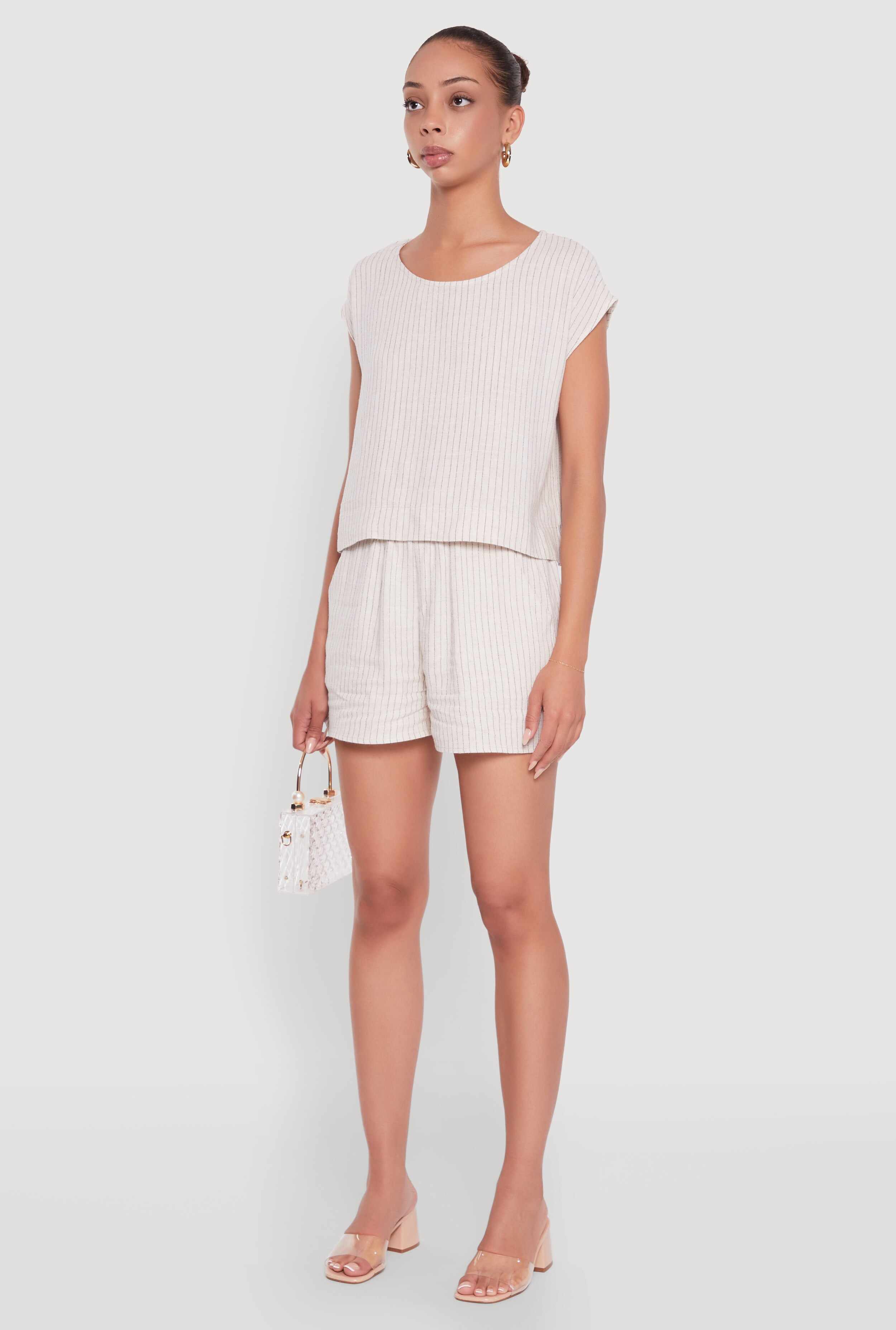 Linen Pinstripe Scoop Neck Cap Sleeve Top