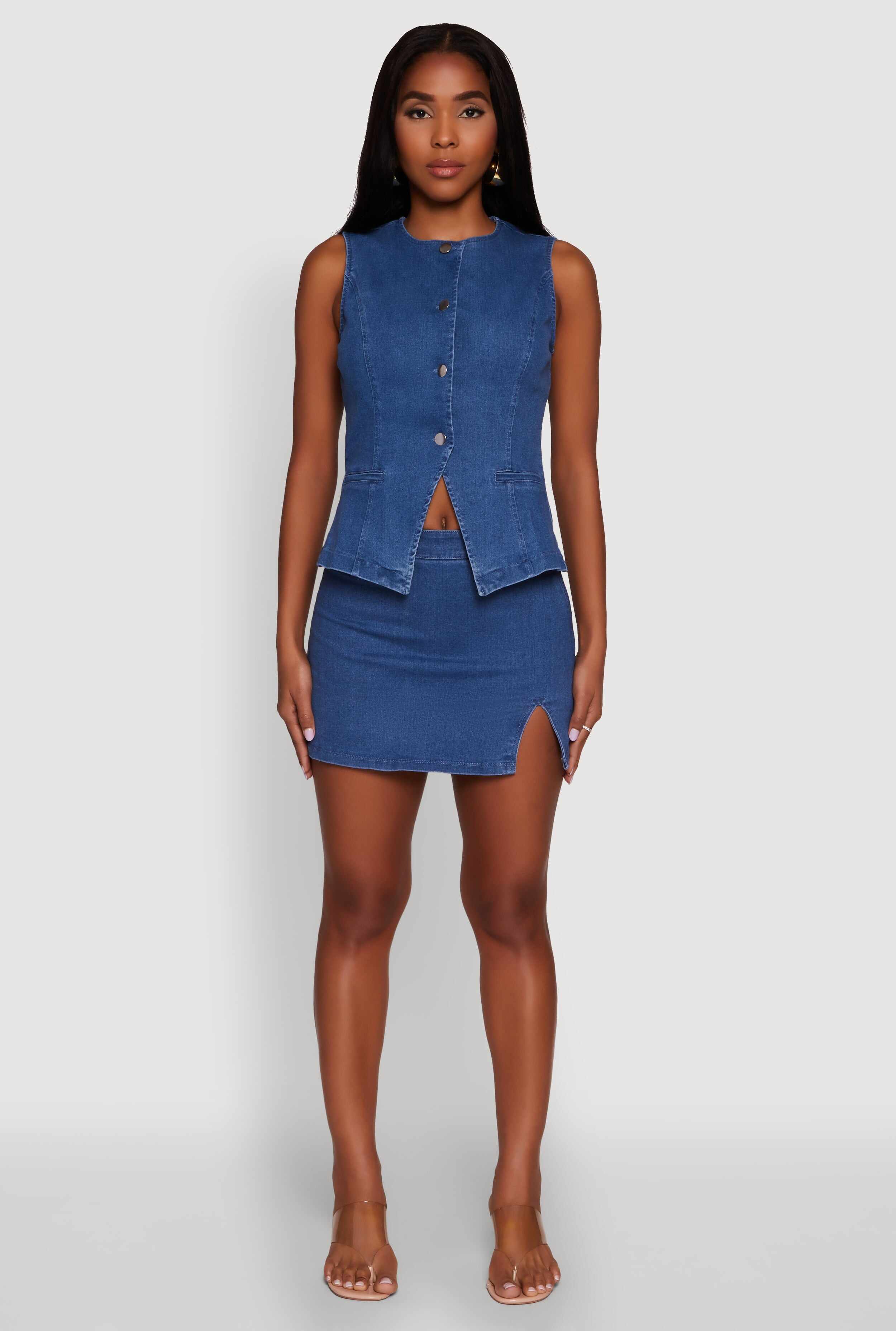 Trendy High Neck Button Front Denim Vest