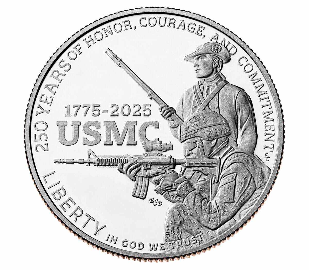 2025 P U.S. Marine Corps USMC 250th Anniversary Silver Commemorative Dollar, First Strike PCGS MS70