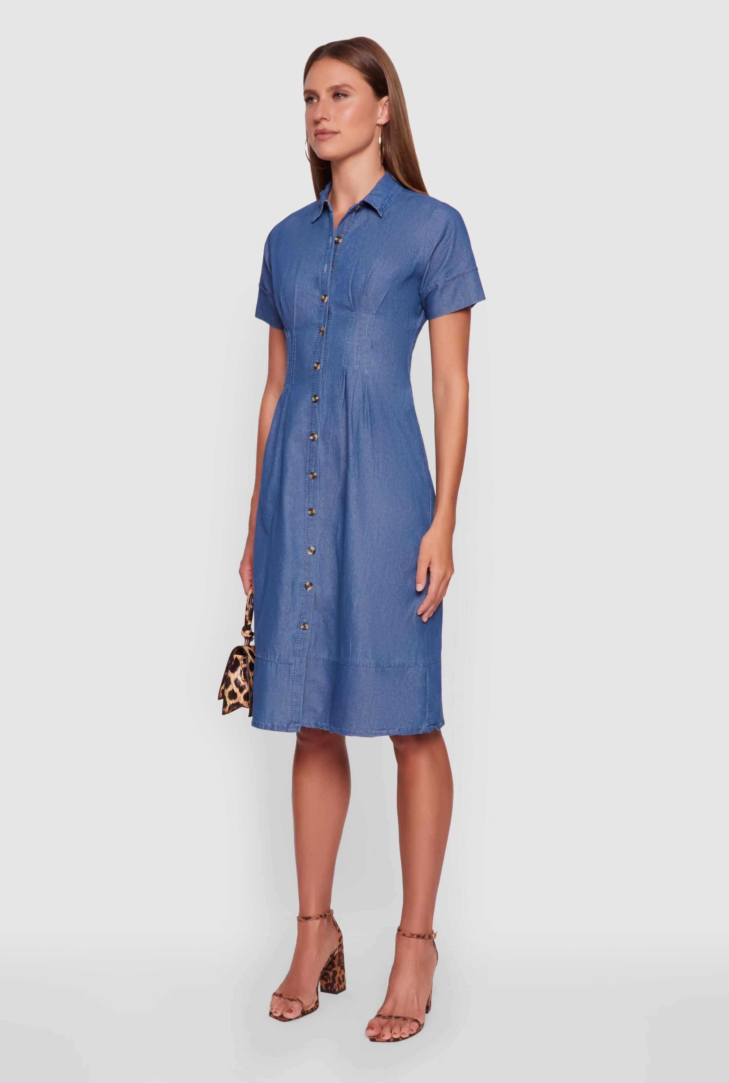 Denim Button Front Midi Shirt Dress