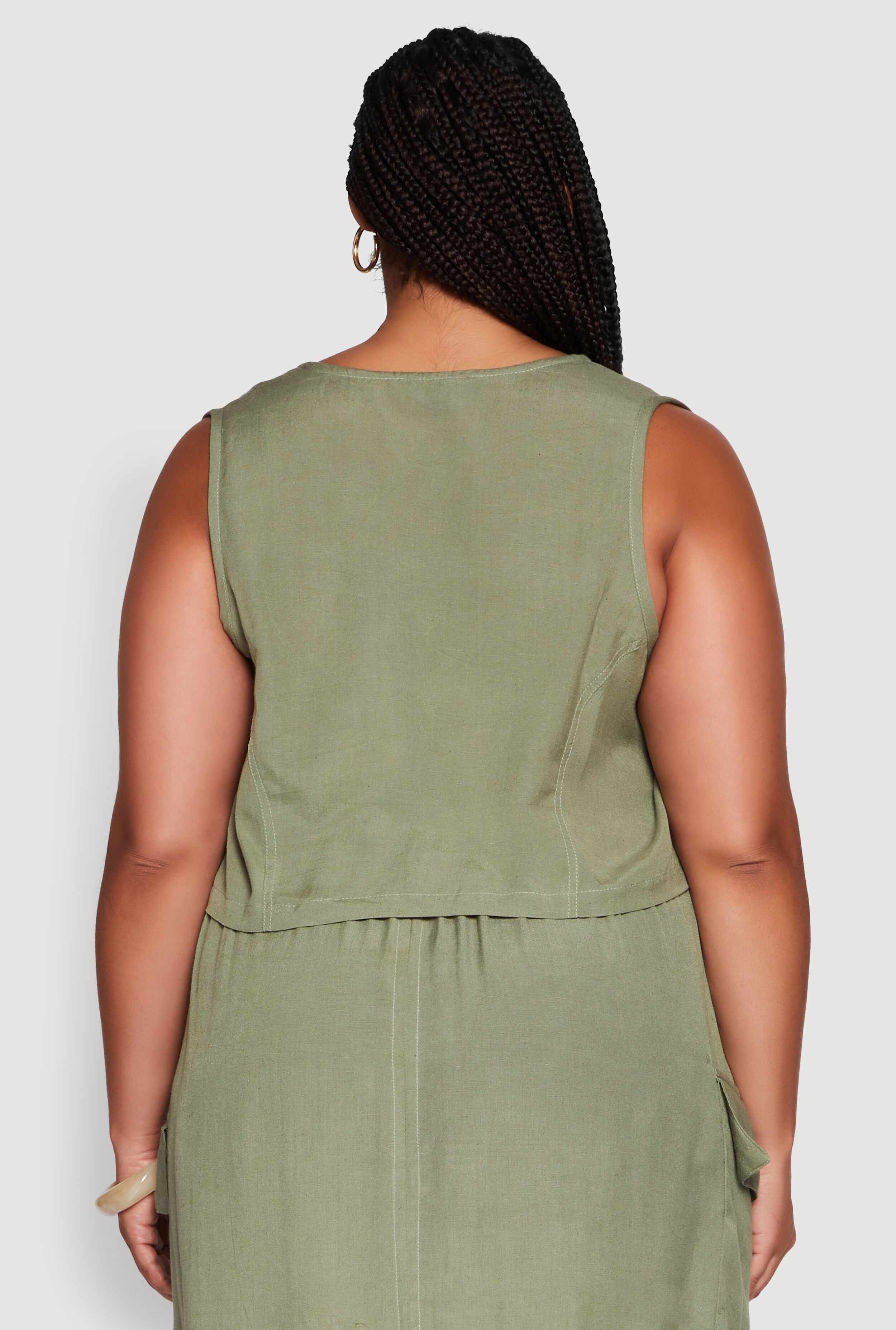 Plus Size Linen V-Neck Cropped Vest