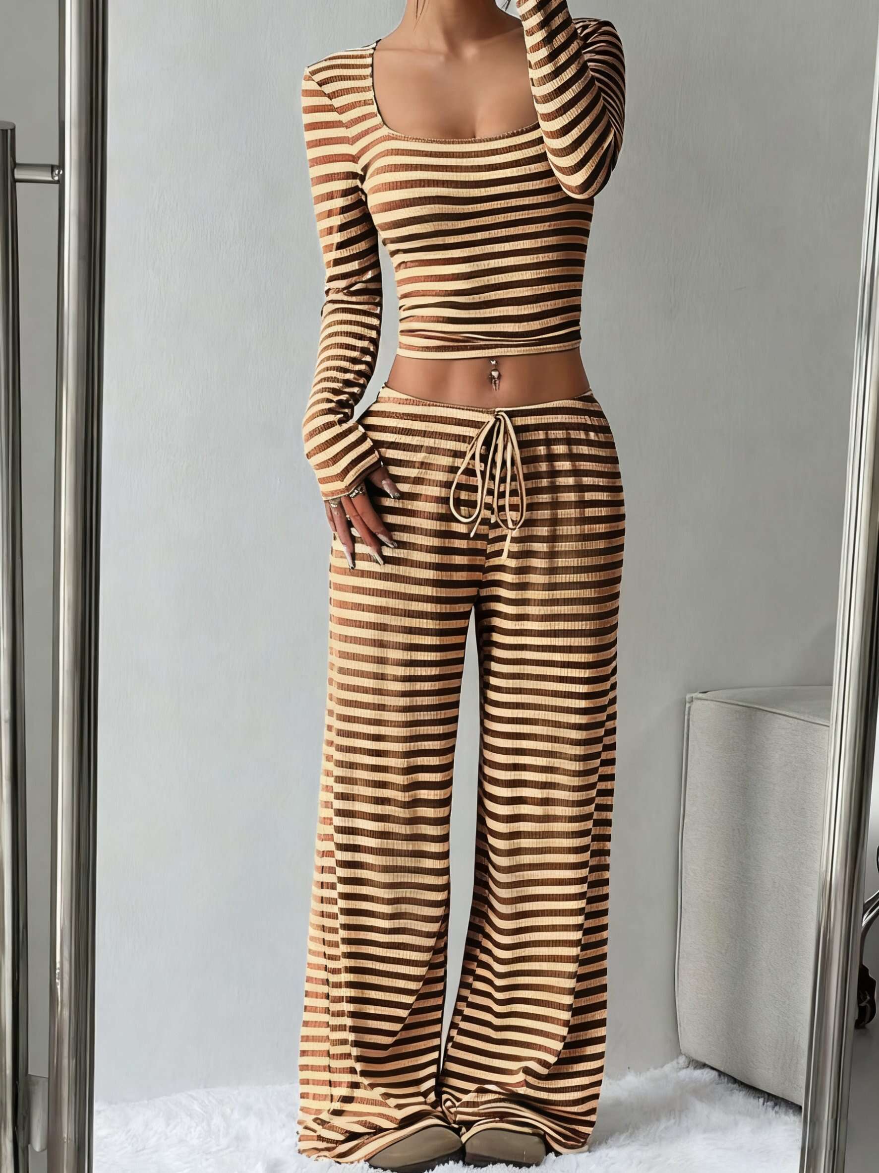 Women's Slouchy Square Neck Stripe Long Sleeve Crop Top & Low-Rise Wide Leg Trousers Co-ord