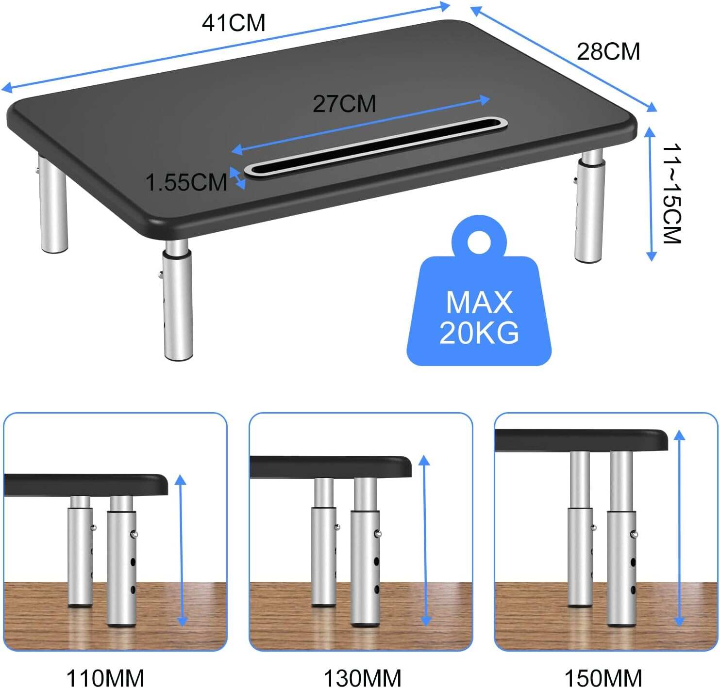 Computer Monitor Stand Riser,Monitor Riser for Laptop, Printer, Notebook and All Flat Screen TV Display with Vented Platform,3 Height Adjustable Laptop Riser,1 Pack,Black(MST003)