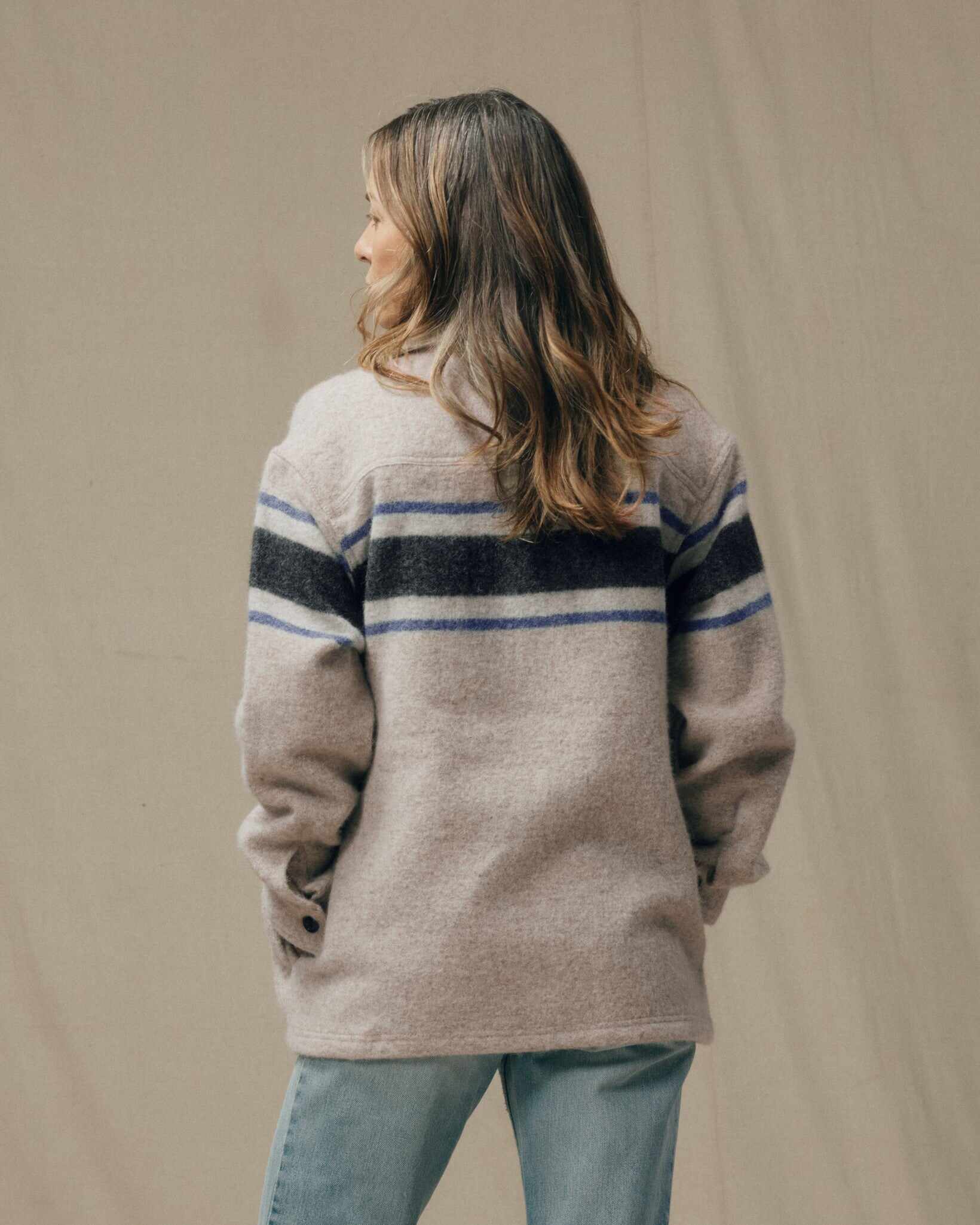 Women's Wool Overshirt - Gray / Black Blanket Stripe