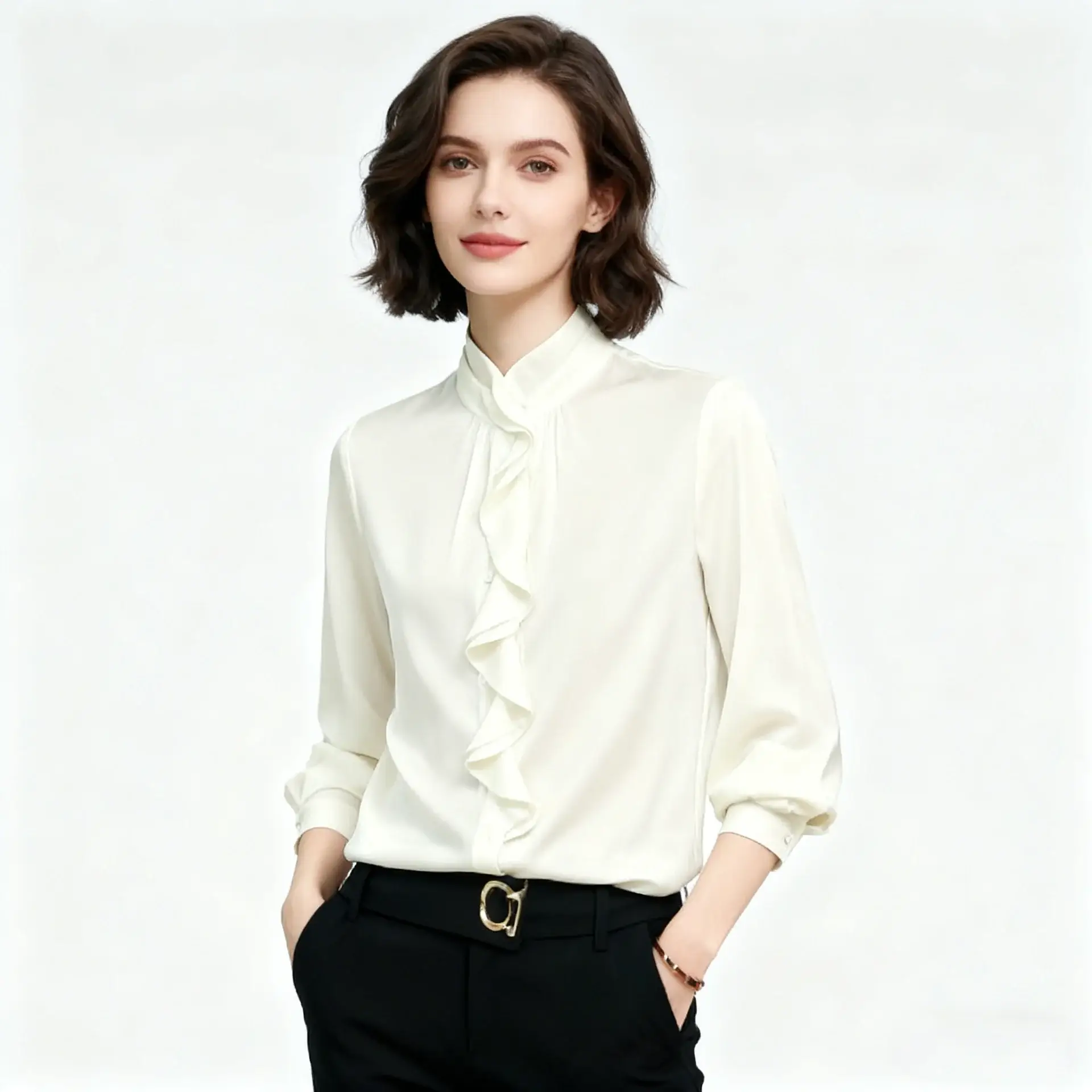 Ruffled Silk Blouse Solid Color