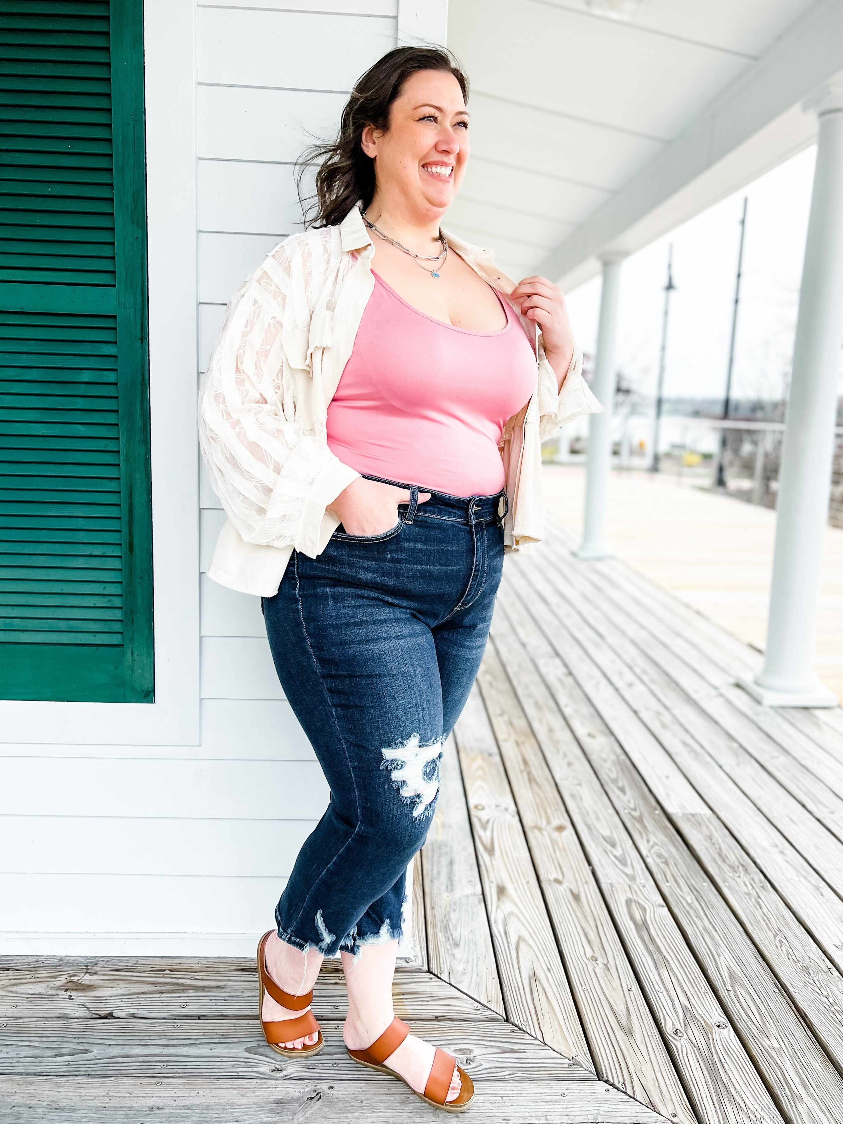 🔥Hot Sales🔥 After Hours Dark Wash Destroyed Hem Cropped Straight Leg Jeans