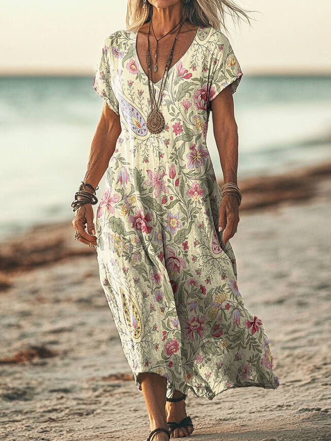 Women's Retro Paisley Flowers Print Pocket Cotton Dress