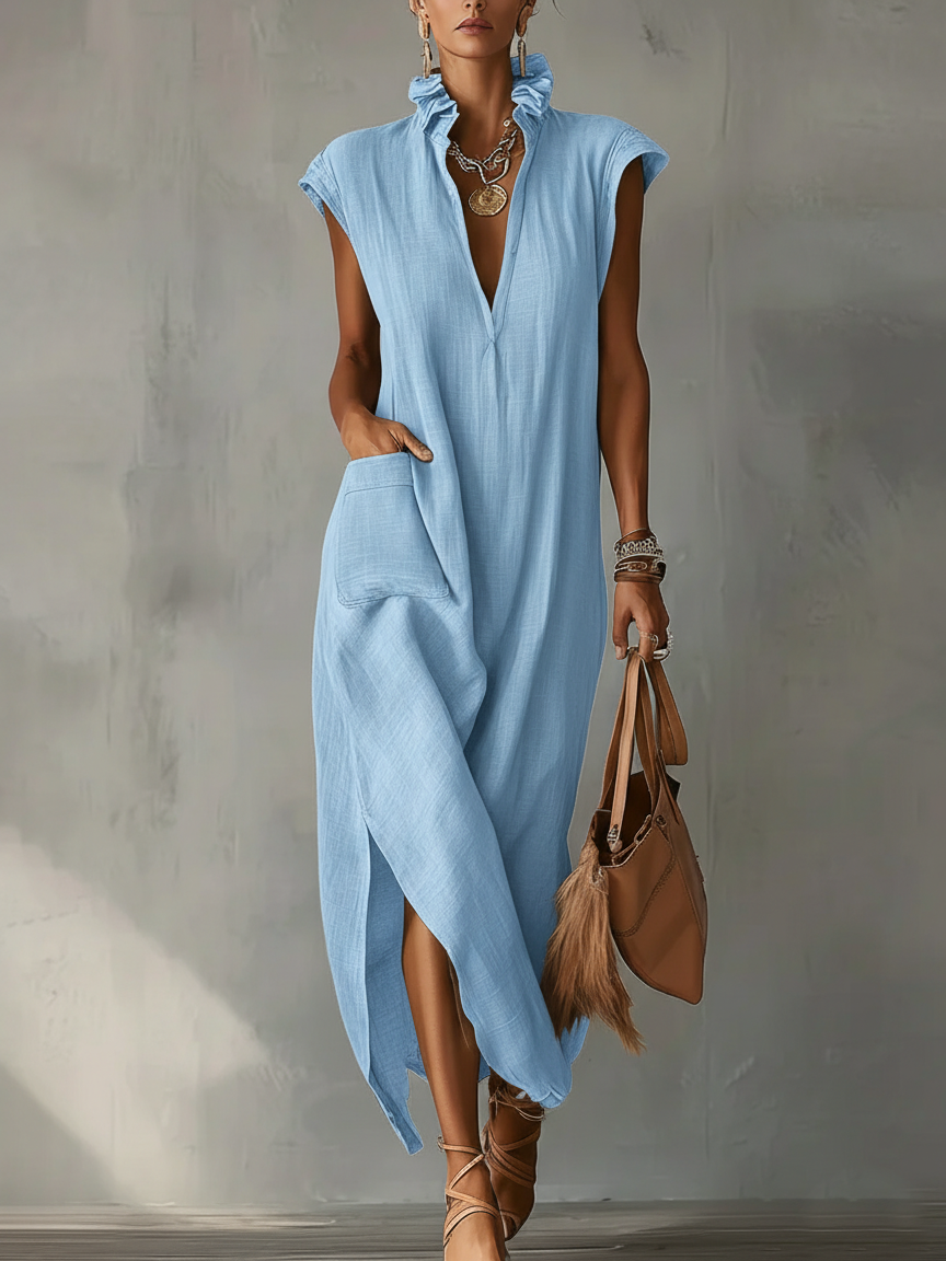 🔥Summer Arrivals🌟Women’s Ruffle Collar Cotton Linen Midi Dress – Elegant Summer Dress