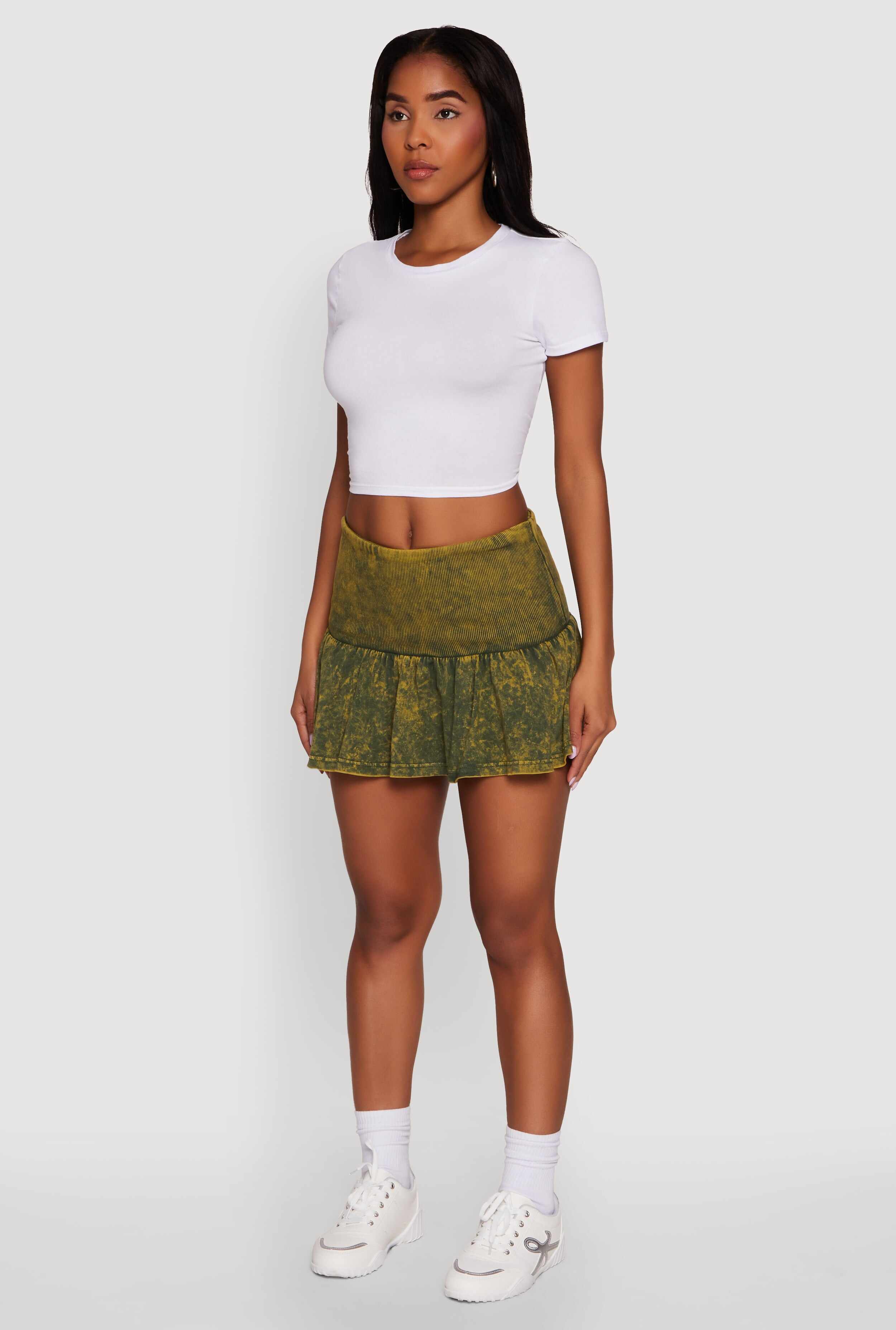 Trendy Acid Wash Ribbed Knit High Waisted Mini Pleated Skirt