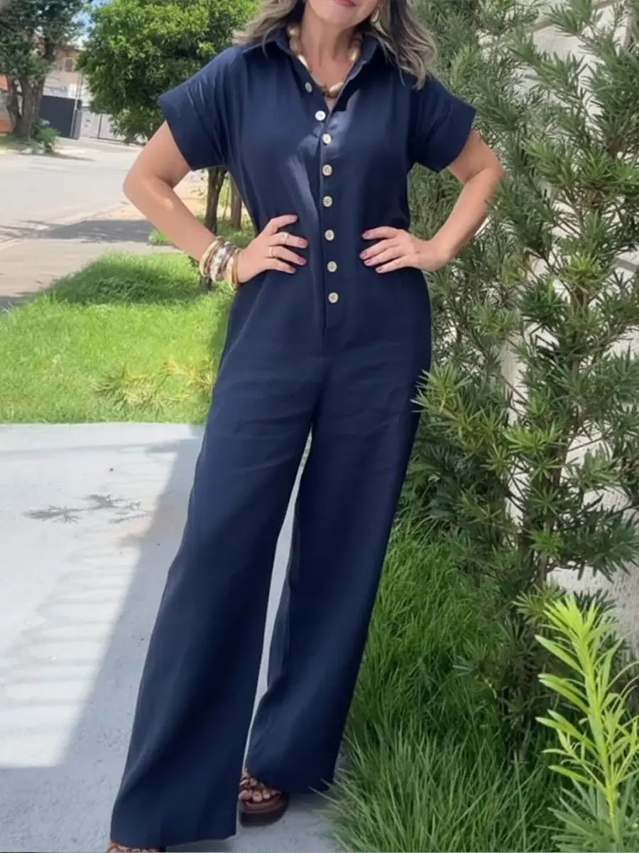 🔥Summer Arrivals🌟Women's Solid Color Shirt Collar Short-sleeved High-waisted Casual Loose Cotton And Linen Wide-leg Jumpsuit