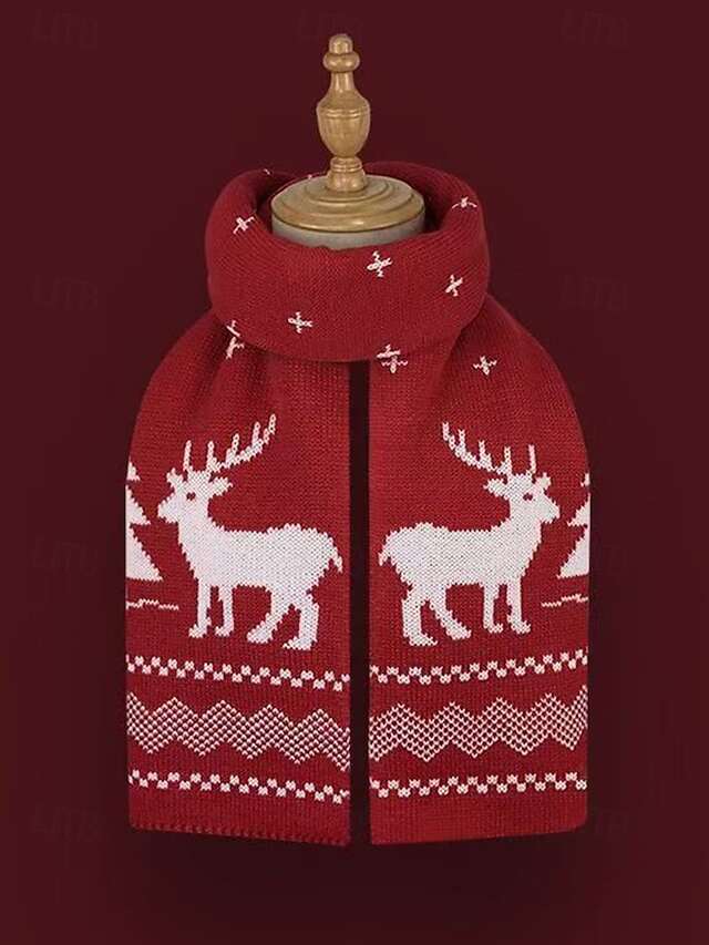 Women's Christmas Reindeer and Tree Print Knitted Scarf in Red and White, Cozy Winter Accessory for Holiday Celebrations