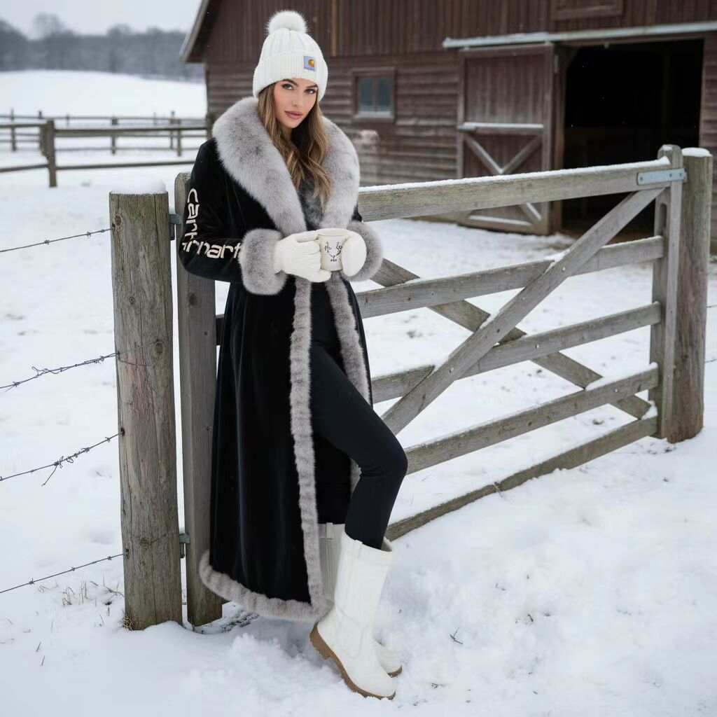 Luxurious Faux Fur Trimmed Long Coat with Elegant Design