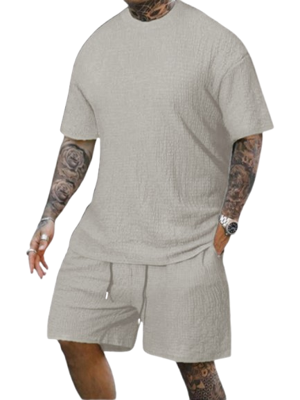 8 Pack-Men's Solid Textured Round Neck Tee & Drawstring Waist Shorts