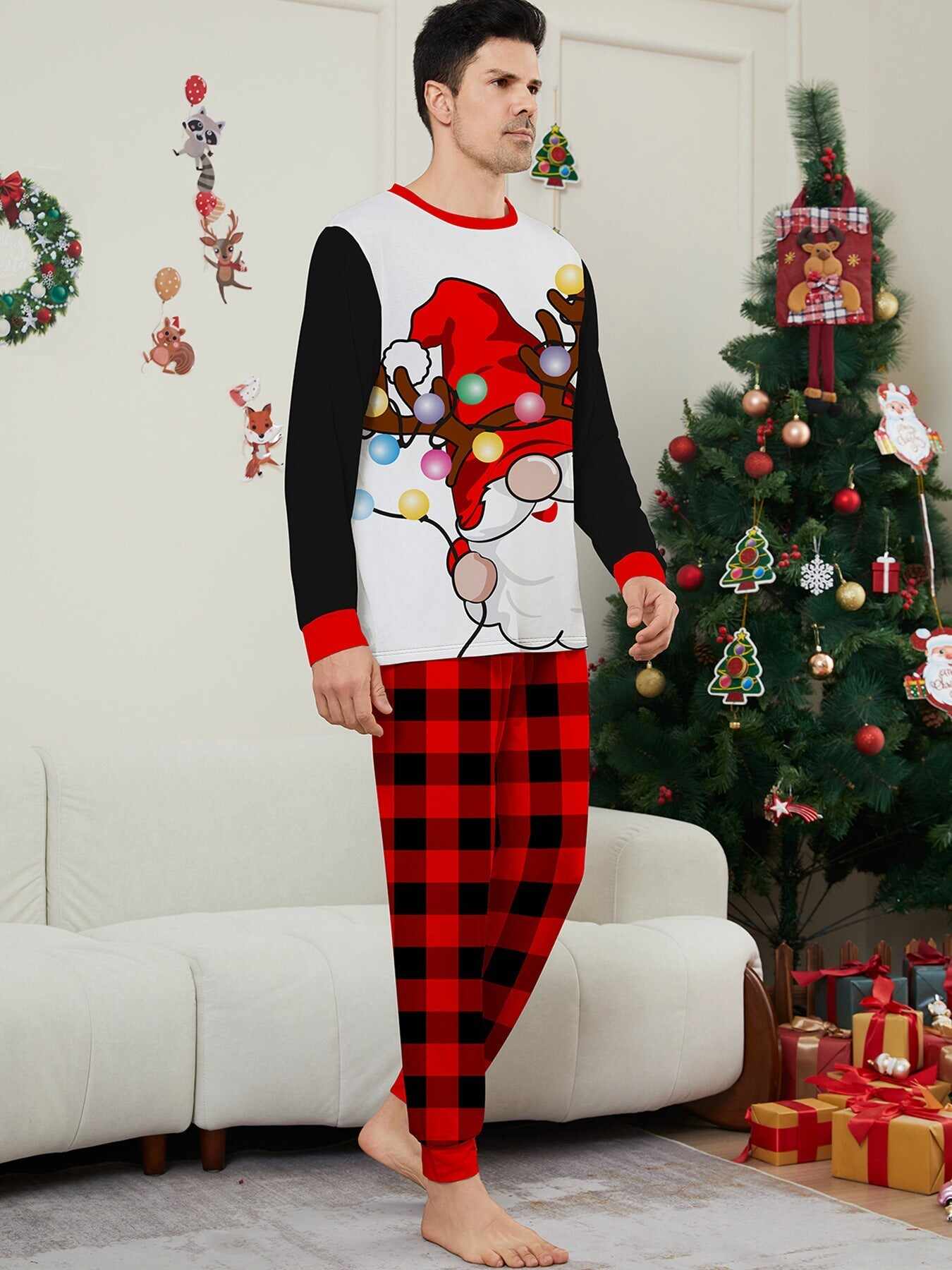 Colorful Lights White Bearded Santa Family Pajama Set