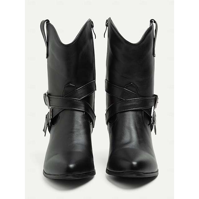 Women's Black Western Ankle Cowboy Boots with Buckle Details for Fashion and Casual Wear