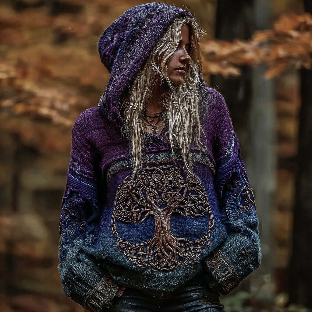 Women's Viking Life Of Tree Art Knitted Warm Hooded Sweater