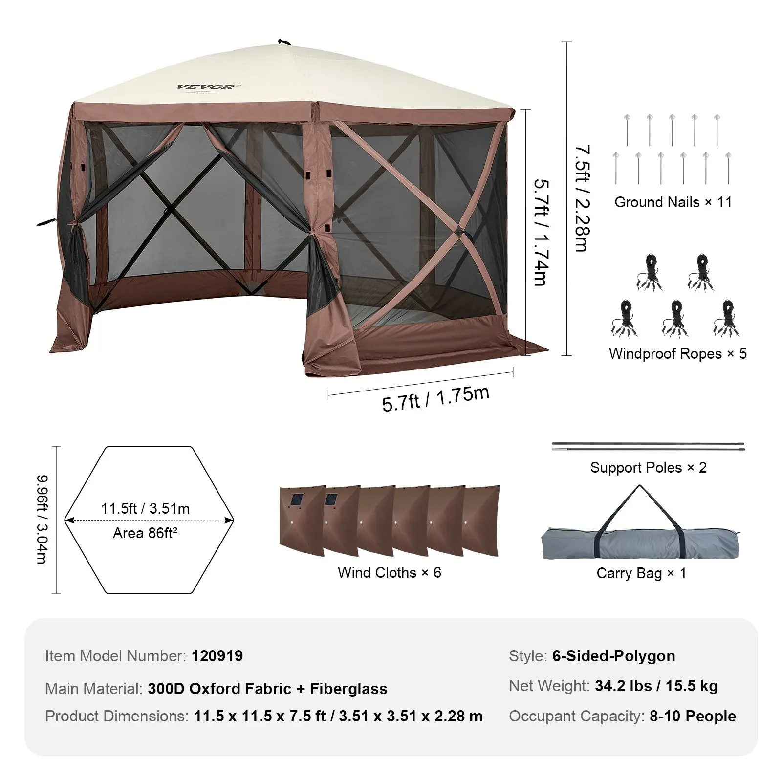 Camping Gazebo Screen Tent, 12*12ft, 6 Sided Pop-up Canopy Shelter Tent with Mesh Windows, Portable Carry Bag, Stakes, Large Shade Tents for Outdoor Camping, Lawn and Backyard, Brown/Beige