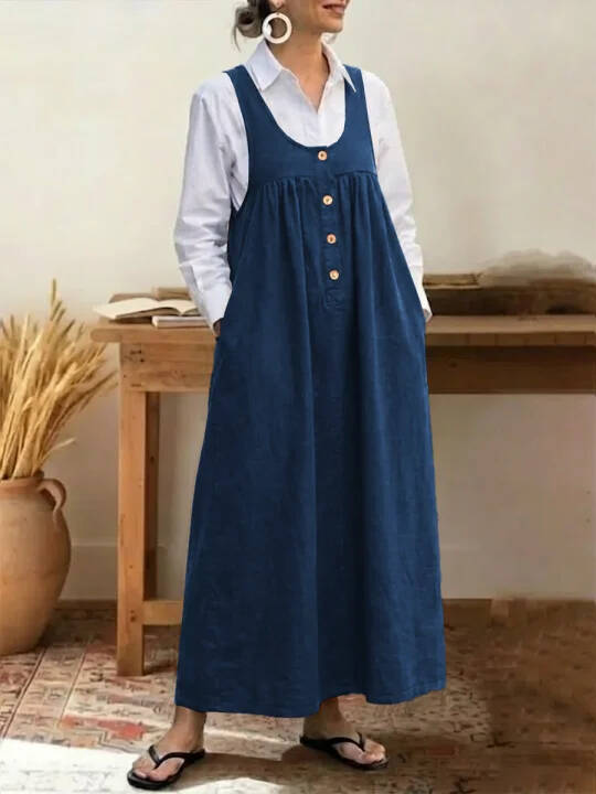 🔥Summer Arrivals🌟Women's Solid Color U-neck Sleeveless Casual Loose Cotton Vest Dress