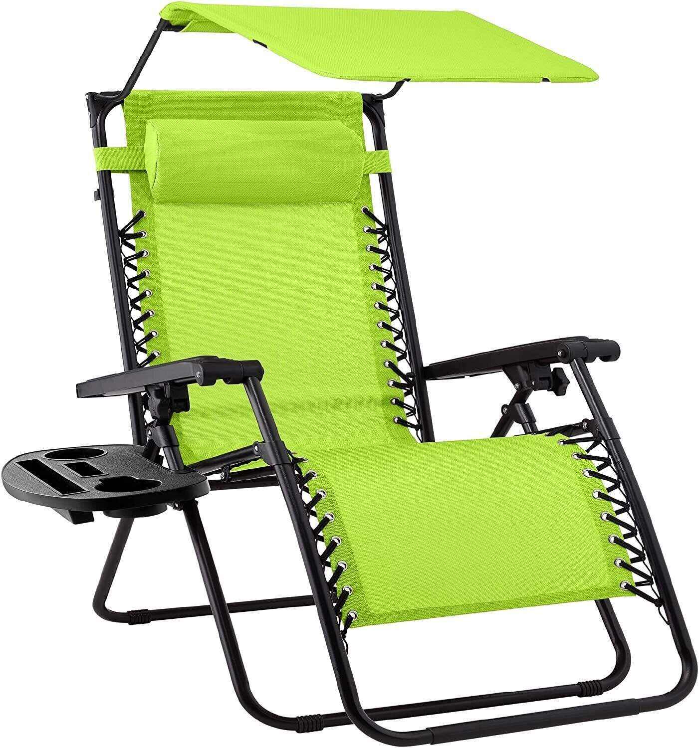 Folding Zero Gravity Recliner Patio Lounge Chair w/Adjustable Canopy Shade, Headrest, Side Accessory Tray, Textilene Mesh - Beige