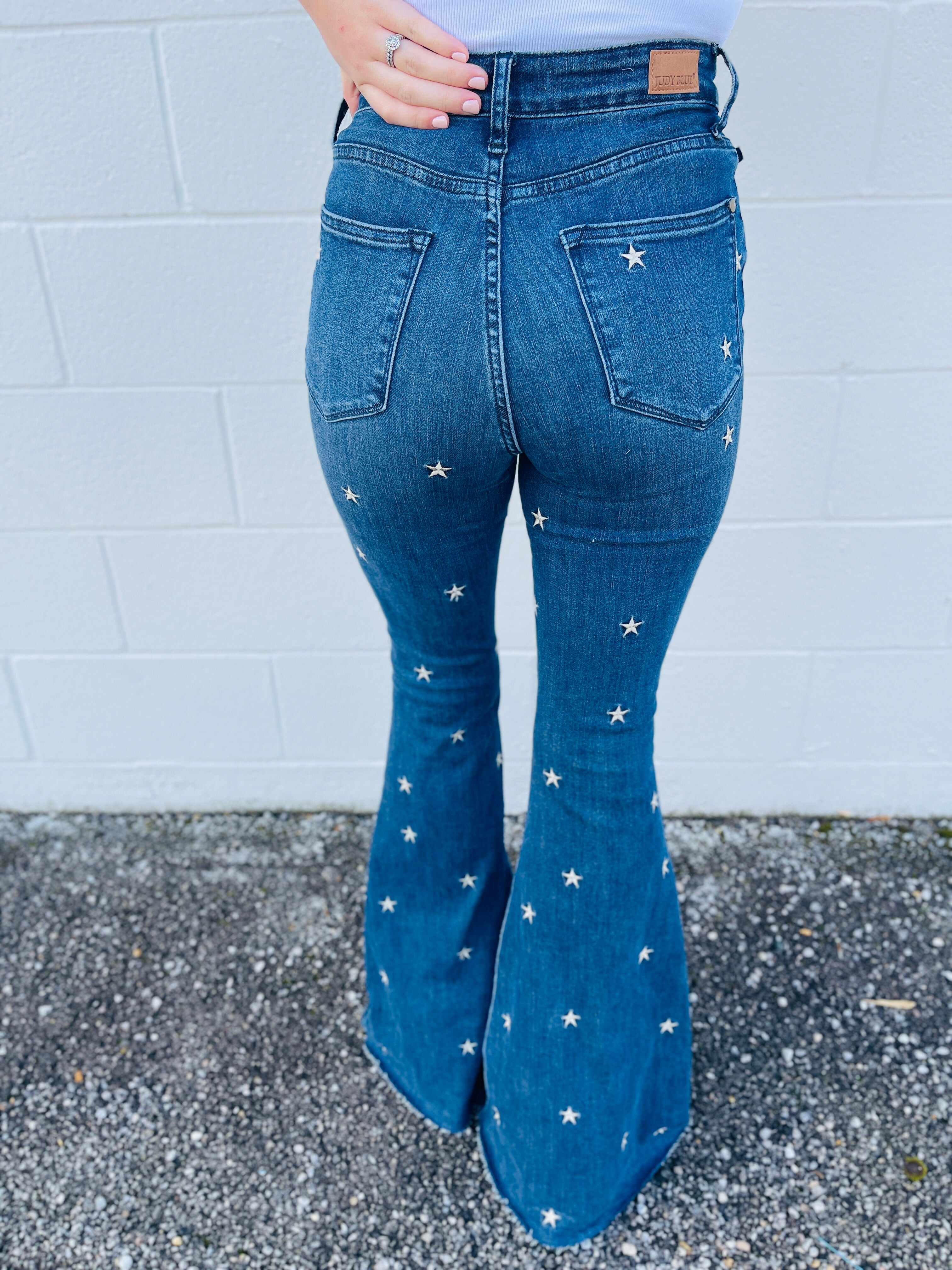 PLUS/REG Wishing On A Star Embroidered Flared Jeans