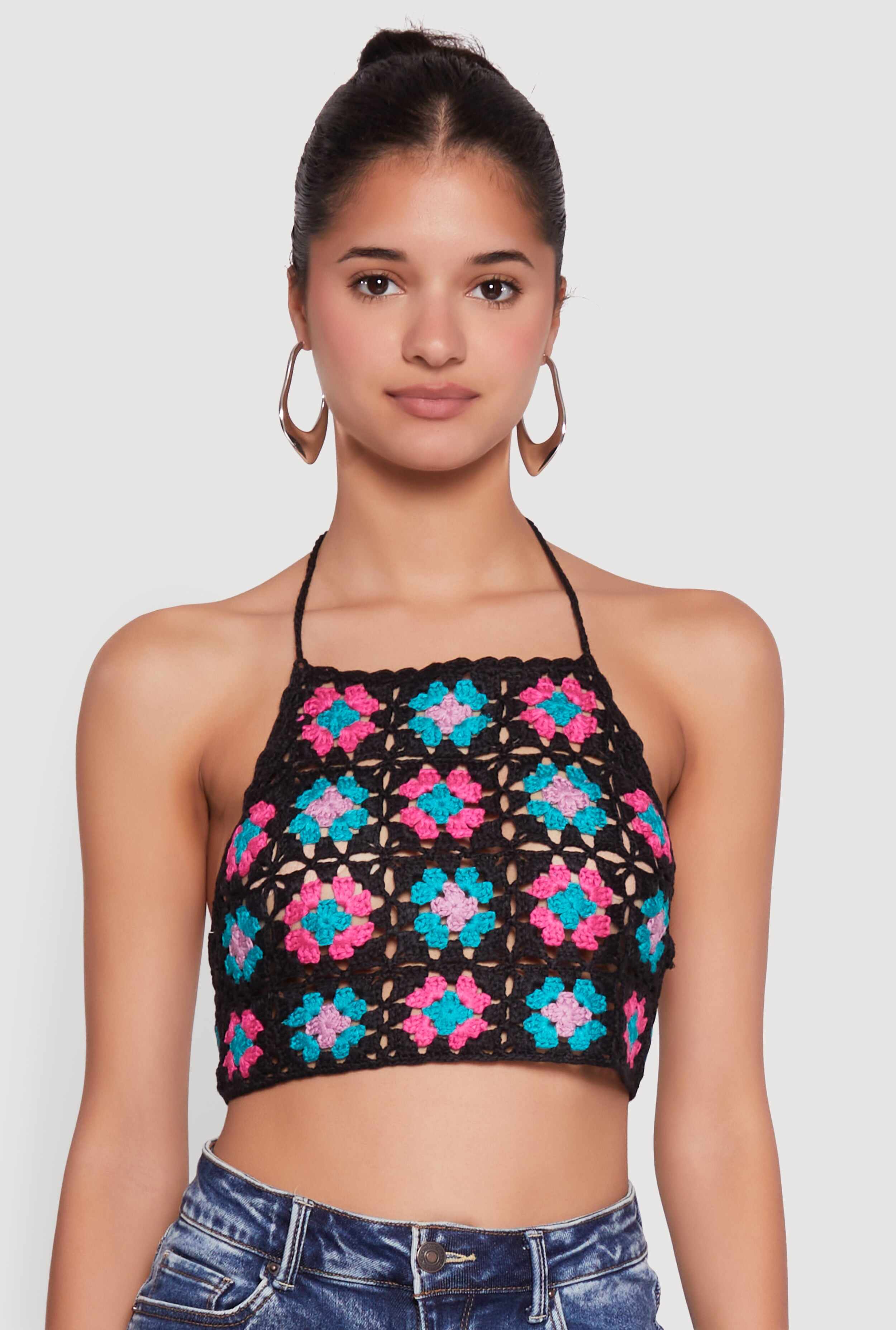 Trendy Patterned Crochet Tie Back Halter Crop Top